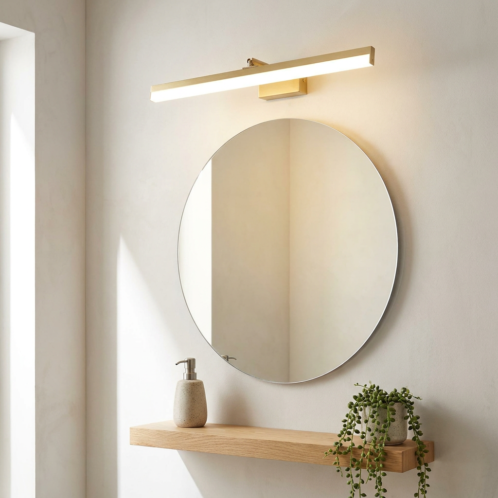 Gold LED vanity light over a round mirror in a bright airy minimalist bathroom