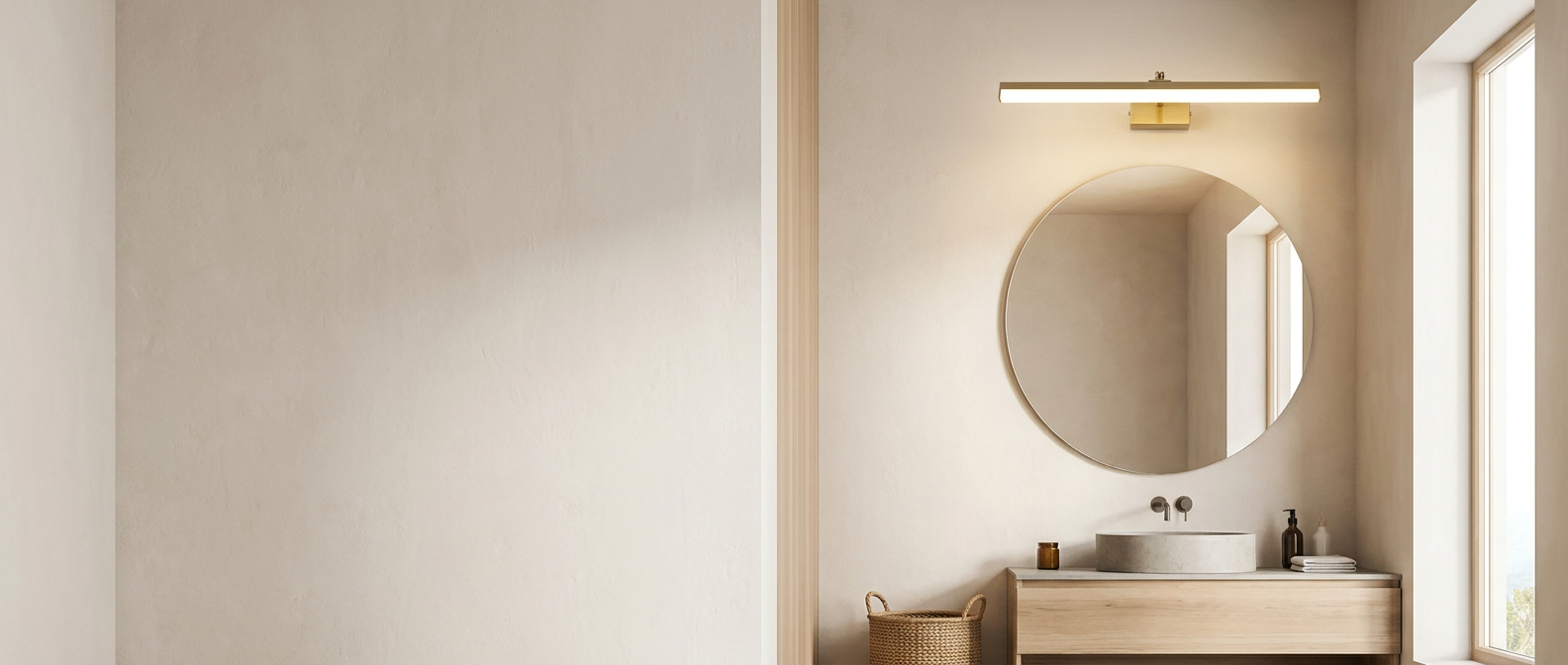 Riflesso Dorato gold LED vanity light glowing warm in a wide modern Nordic bathroom