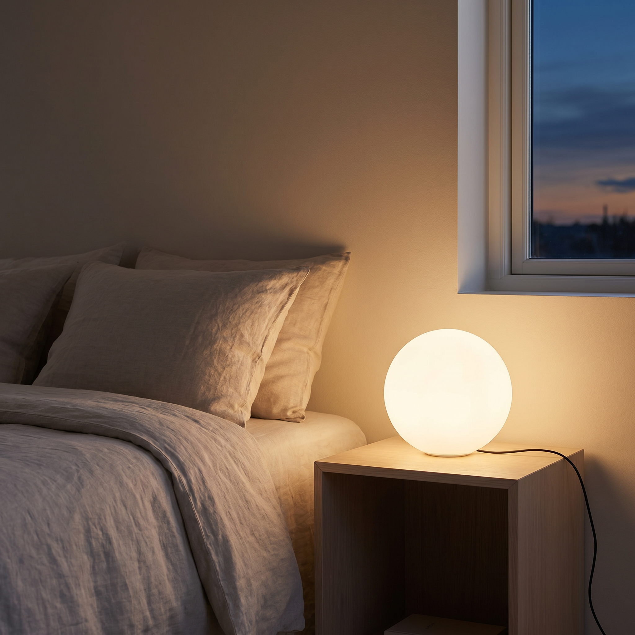 Sfera Lunare opal glass table lamp lit on a bedside table in a modern bedroom