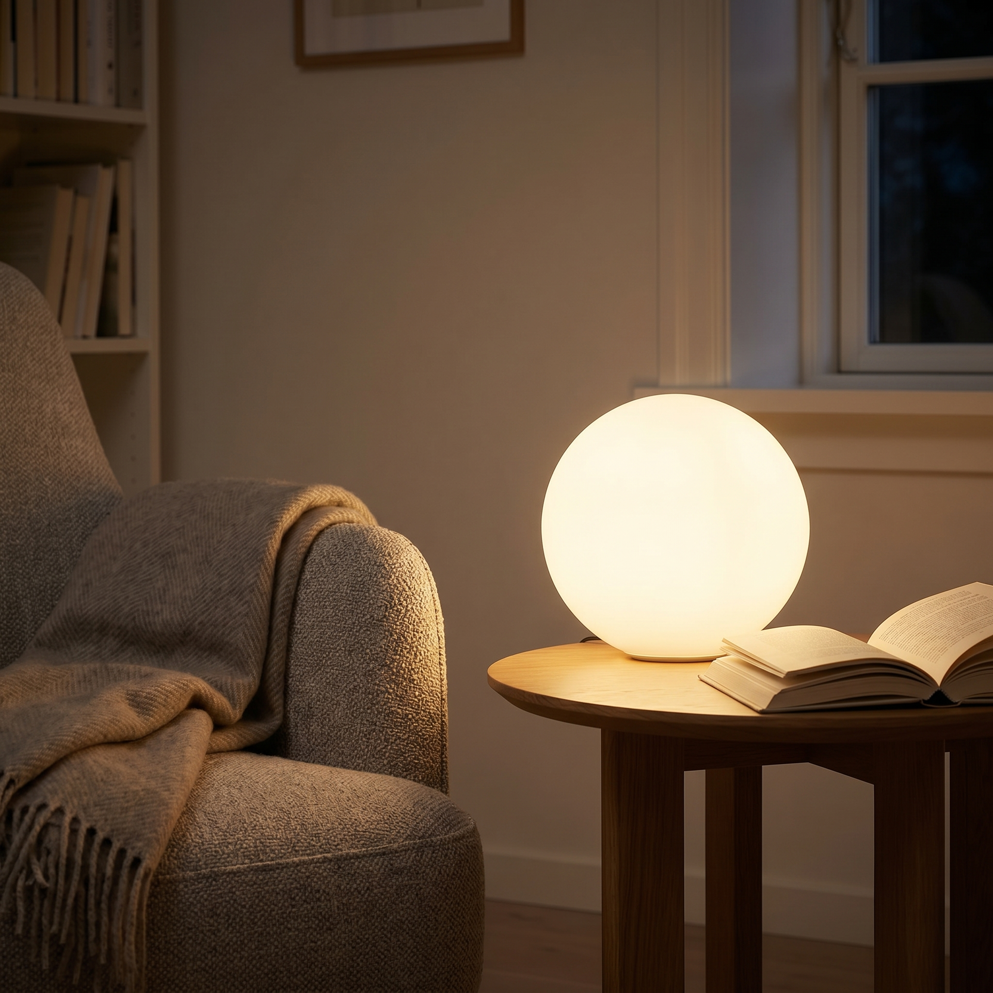 Sfera Lunare opal glass table lamp lighting a cozy reading nook beside an armchair