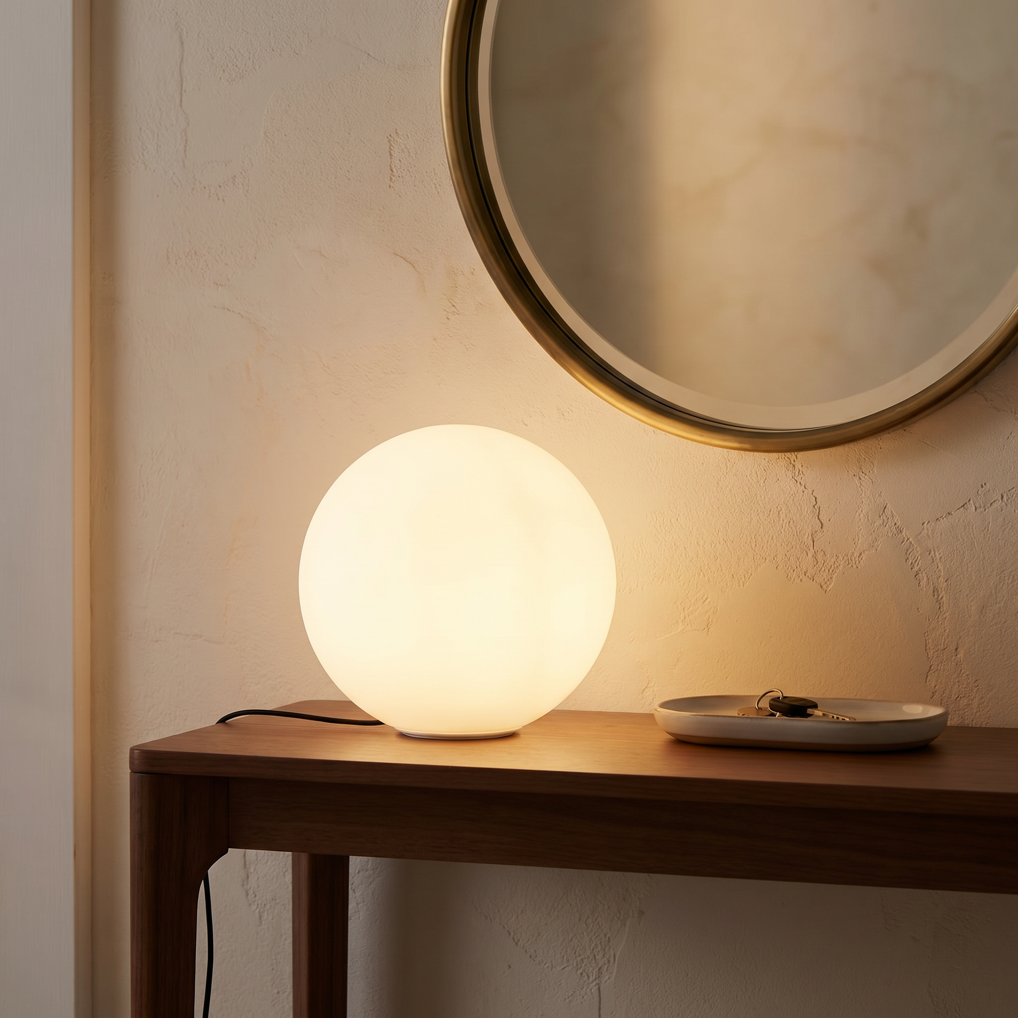 Sfera Lunare opal glass table lamp glowing on an entryway console