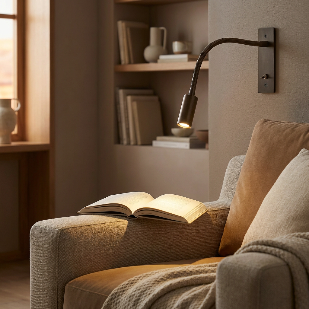 Bronze flex wall reading light beside a reading armchair