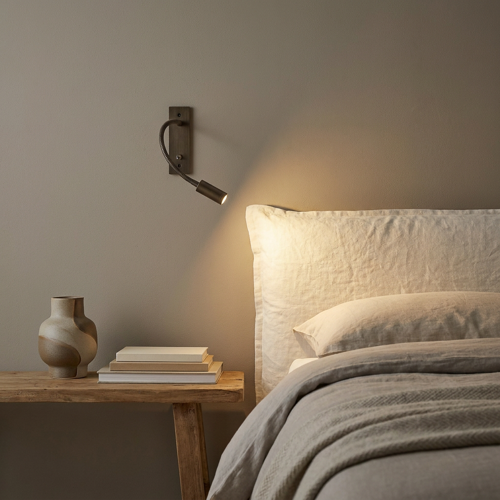 Bronze flex wall reading light in a serene guest bedroom