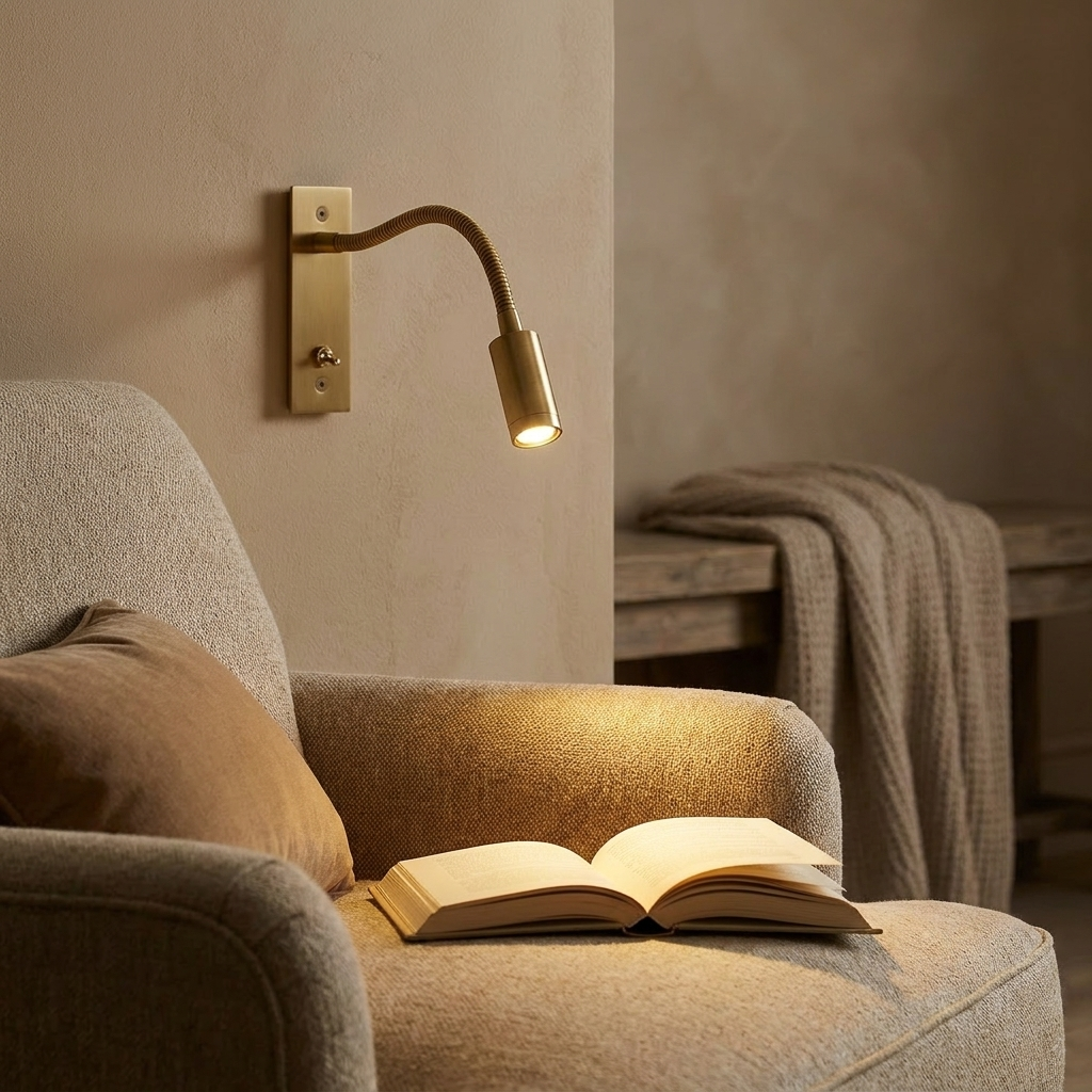 Antique brass flex wall reading light beside a reading armchair