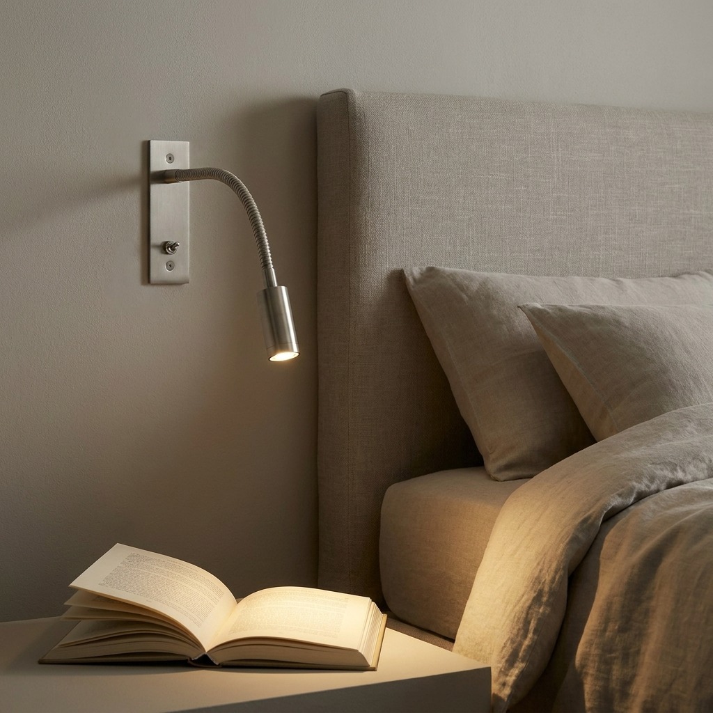 Antique silver flex wall reading light above a bedside table