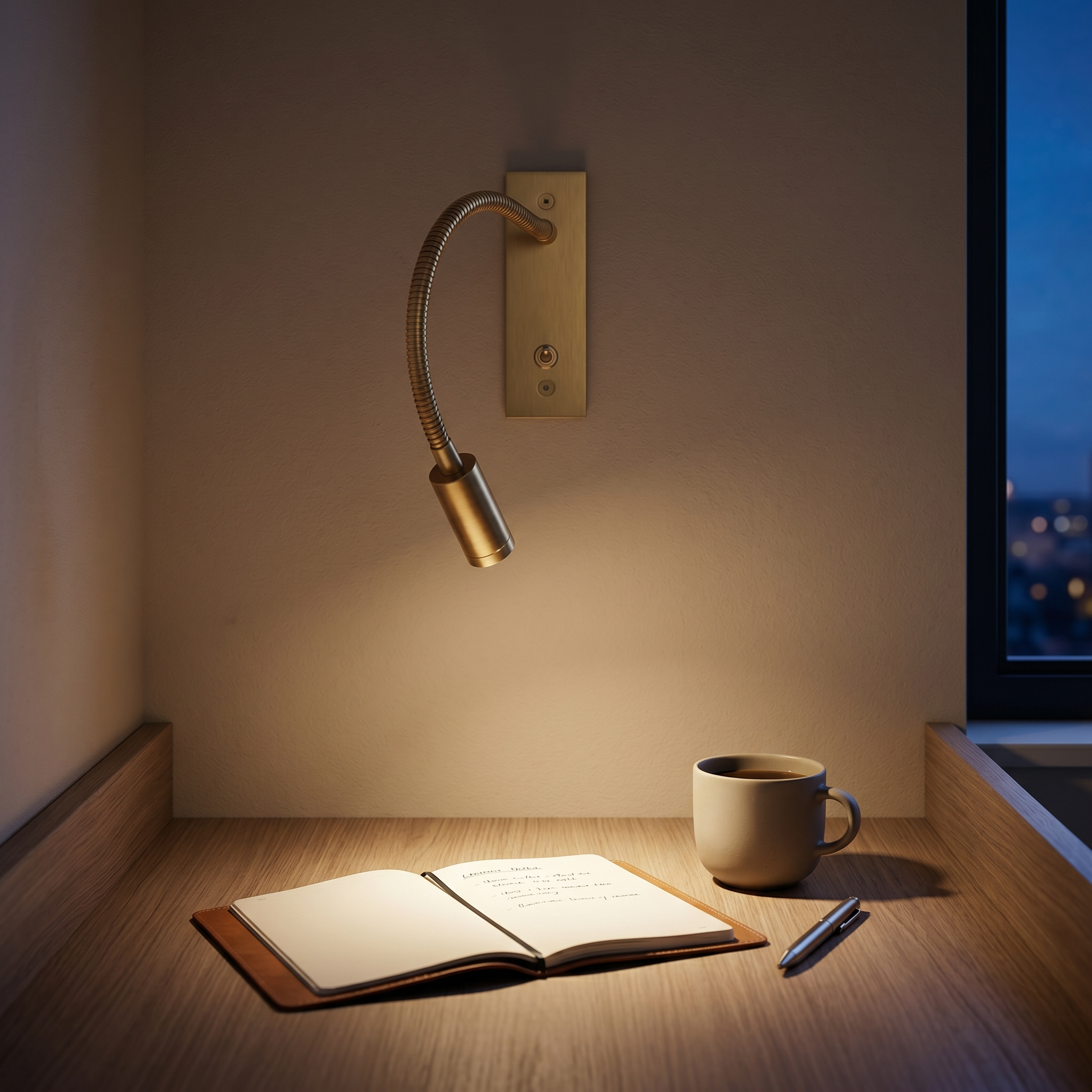 Antique brass flex wall reading light over a home-office desk