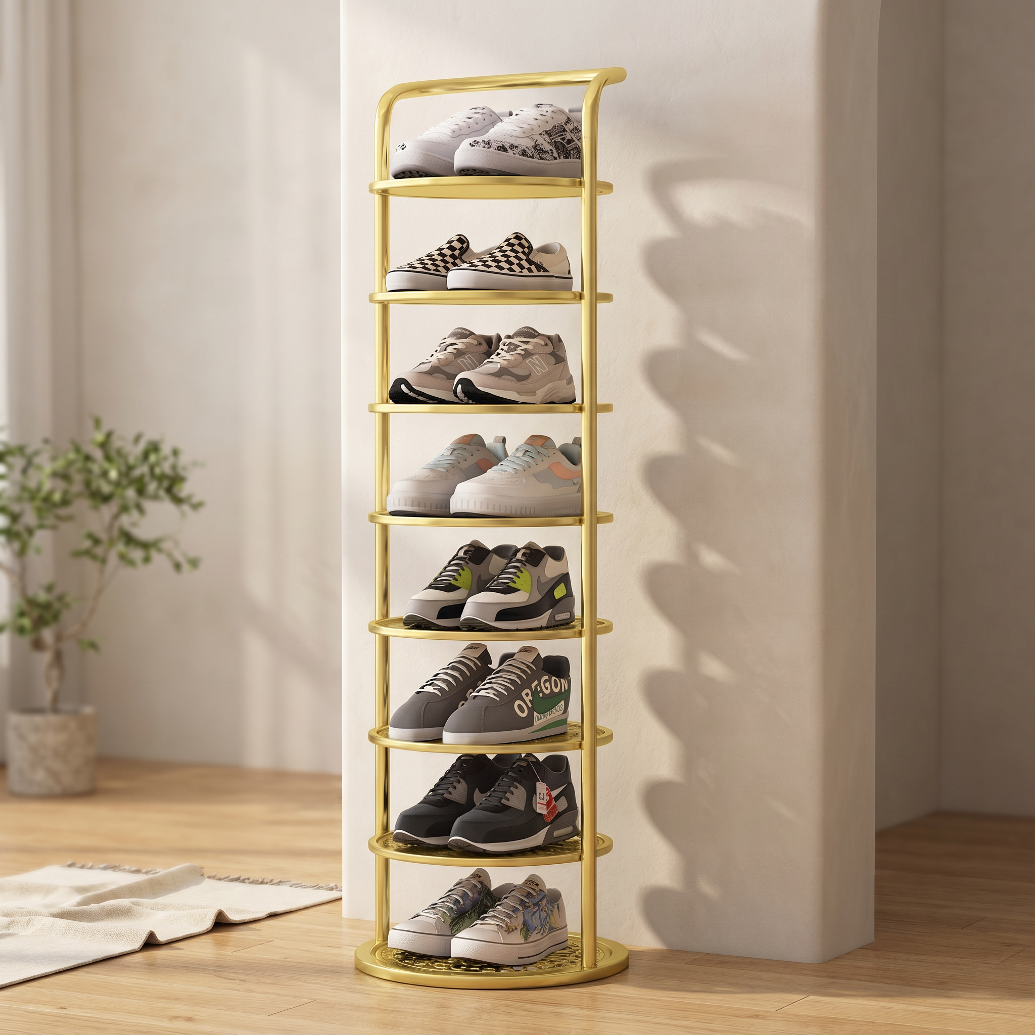 Cerchio Moderno gold round tiered shoe rack styled in a sunlit modern entryway