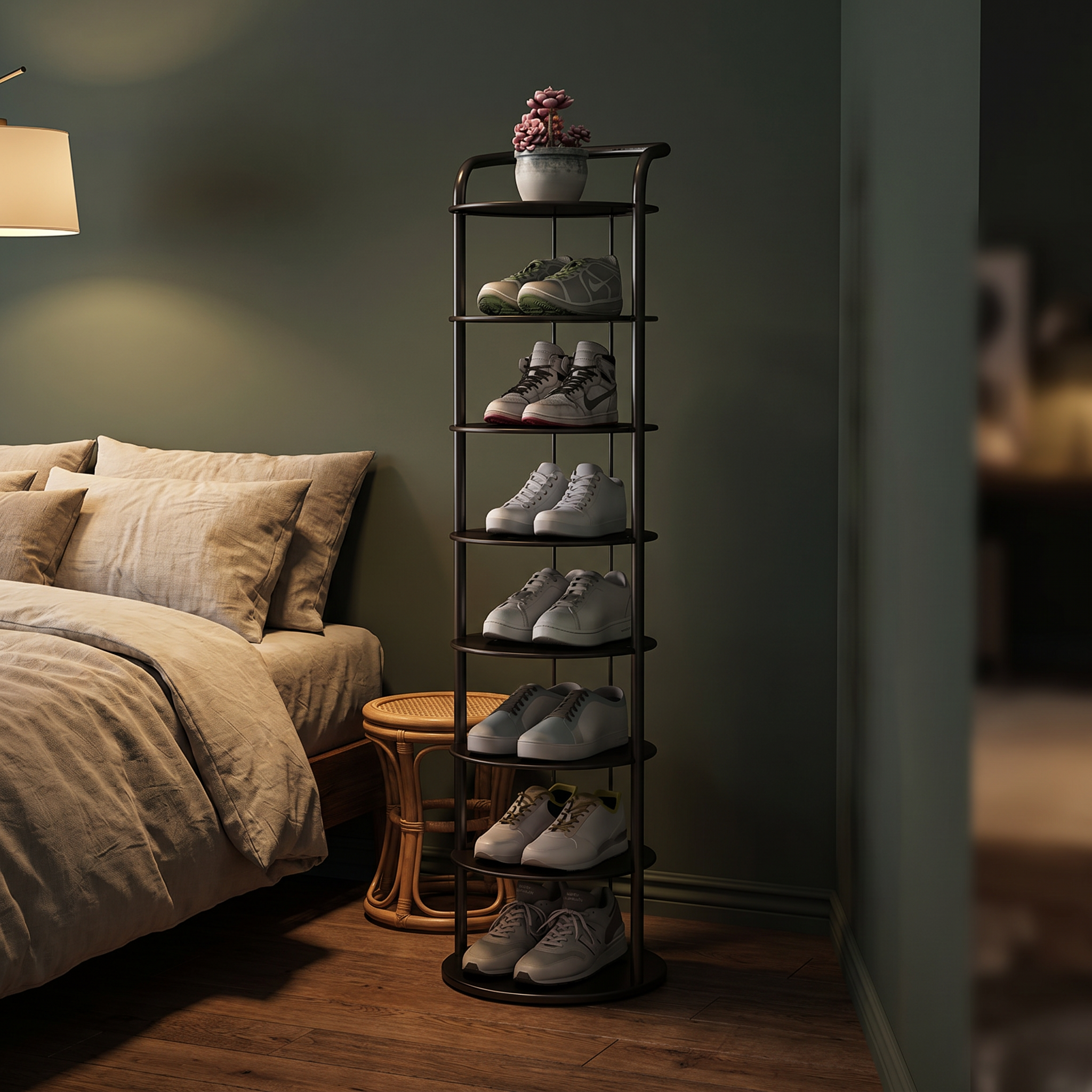 Black round tiered shoe rack in a cozy modern bedroom corner