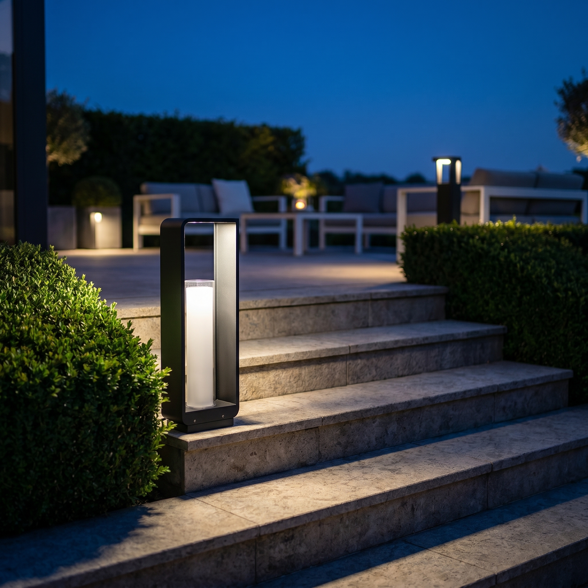Cornice Lumina outdoor LED landscape light beside modern terrace steps at twilight