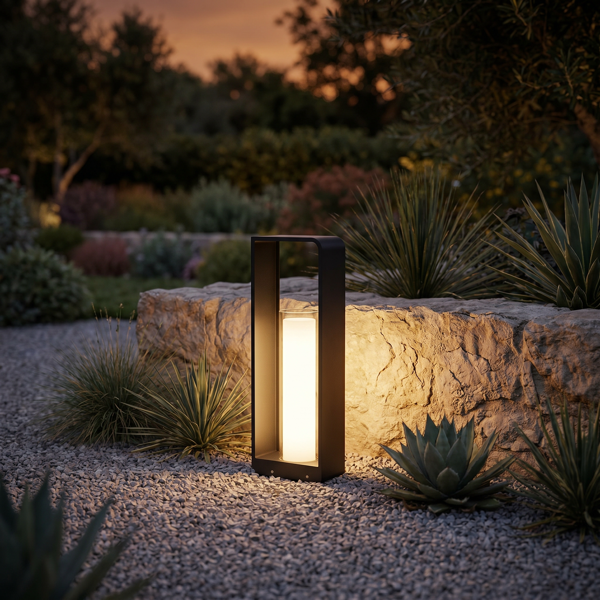 Cornice Lumina outdoor LED landscape light by a textured garden wall at dusk