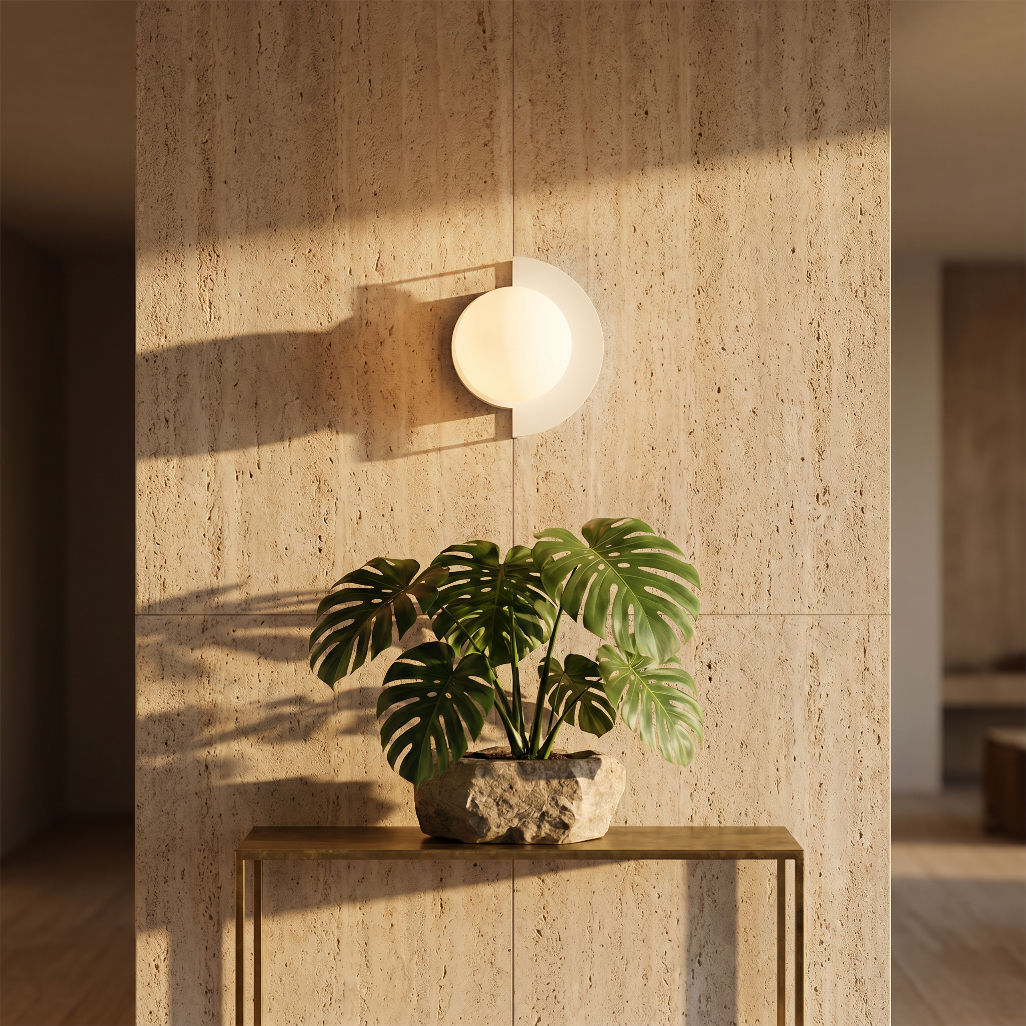 Bolla Lucente glass globe wall sconce glowing warm in a travertine entryway