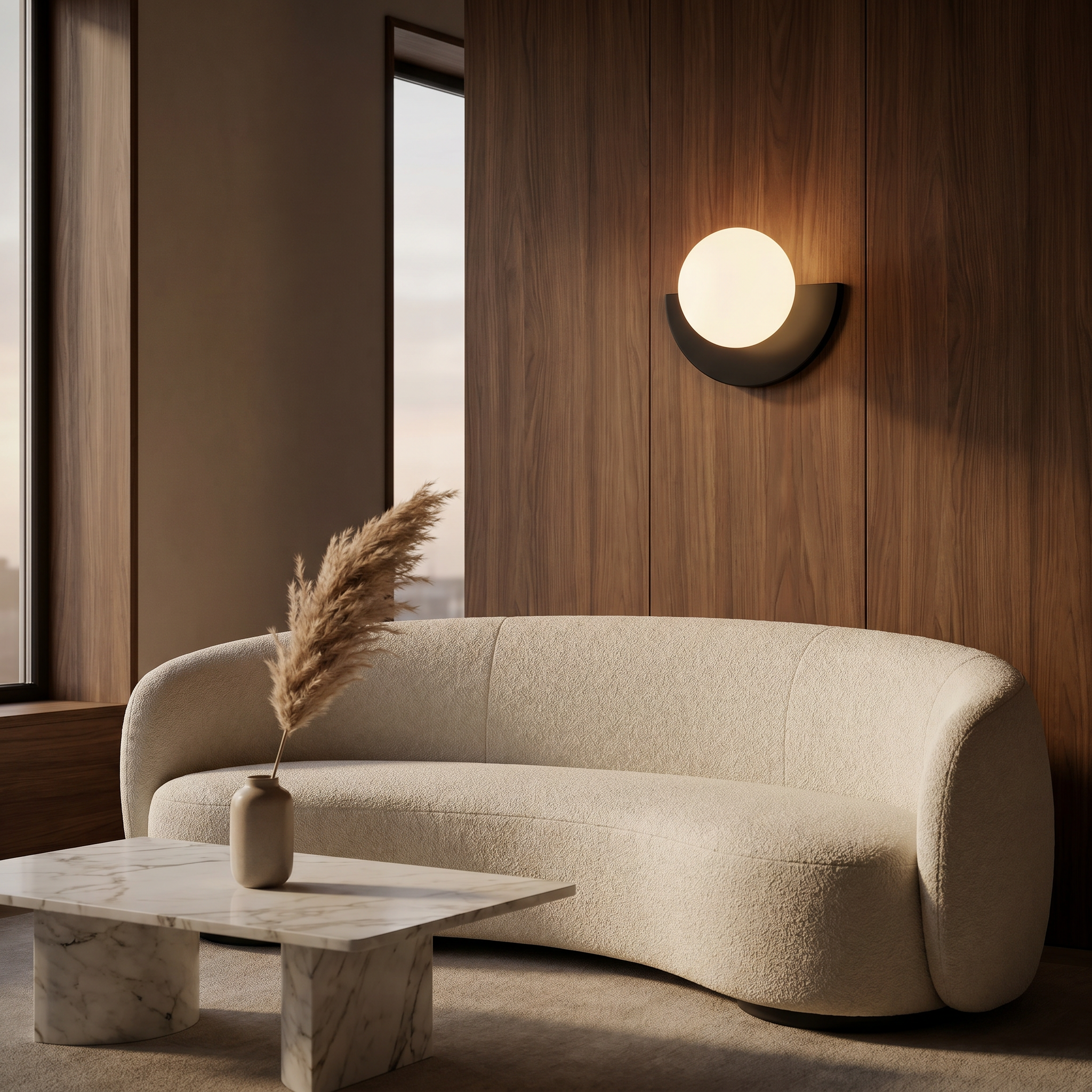 Bolla Lucente black glass globe wall sconce on walnut paneling in a quiet-luxury living room