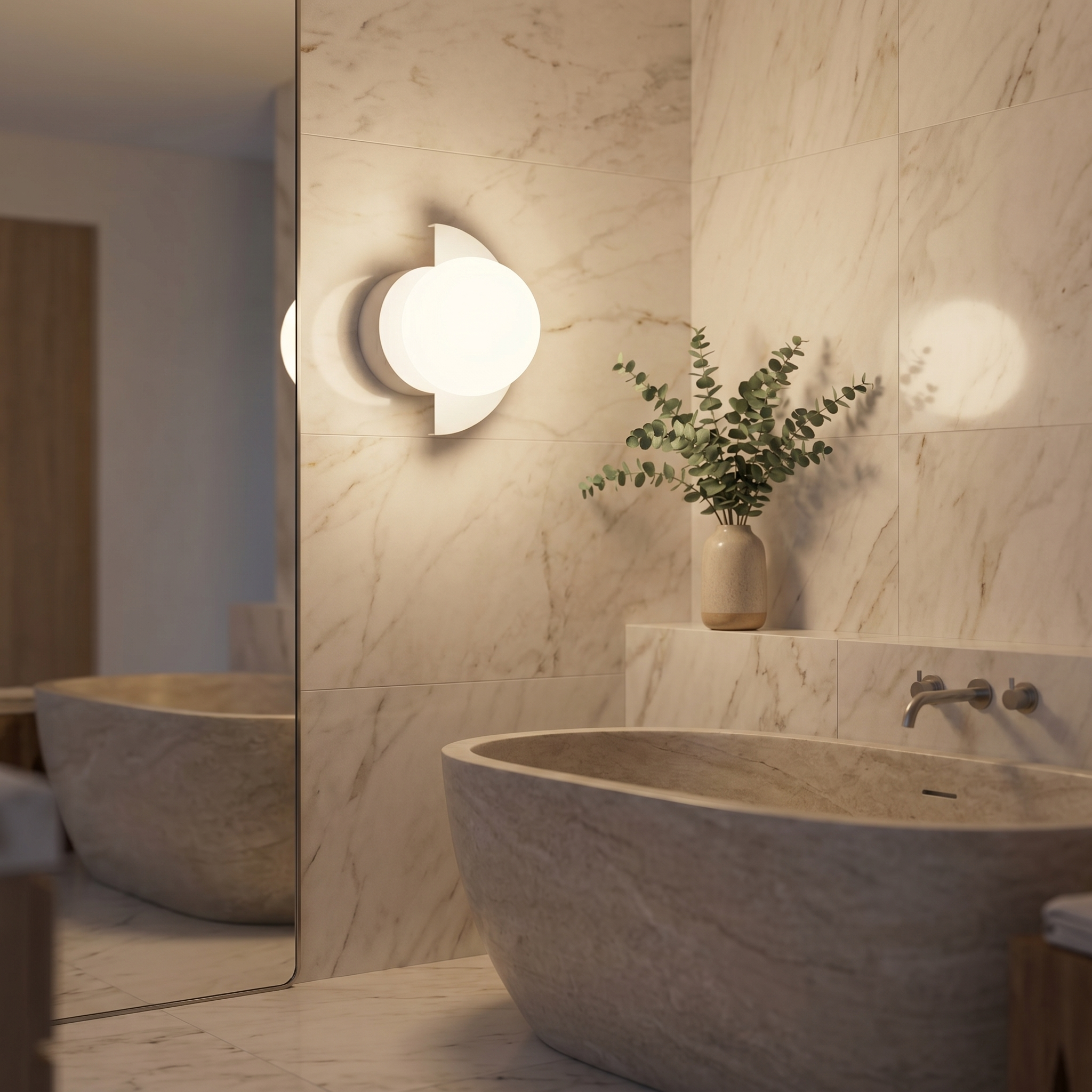 Bolla Lucente opal glass globe wall sconce beside a mirror in a marble spa bathroom