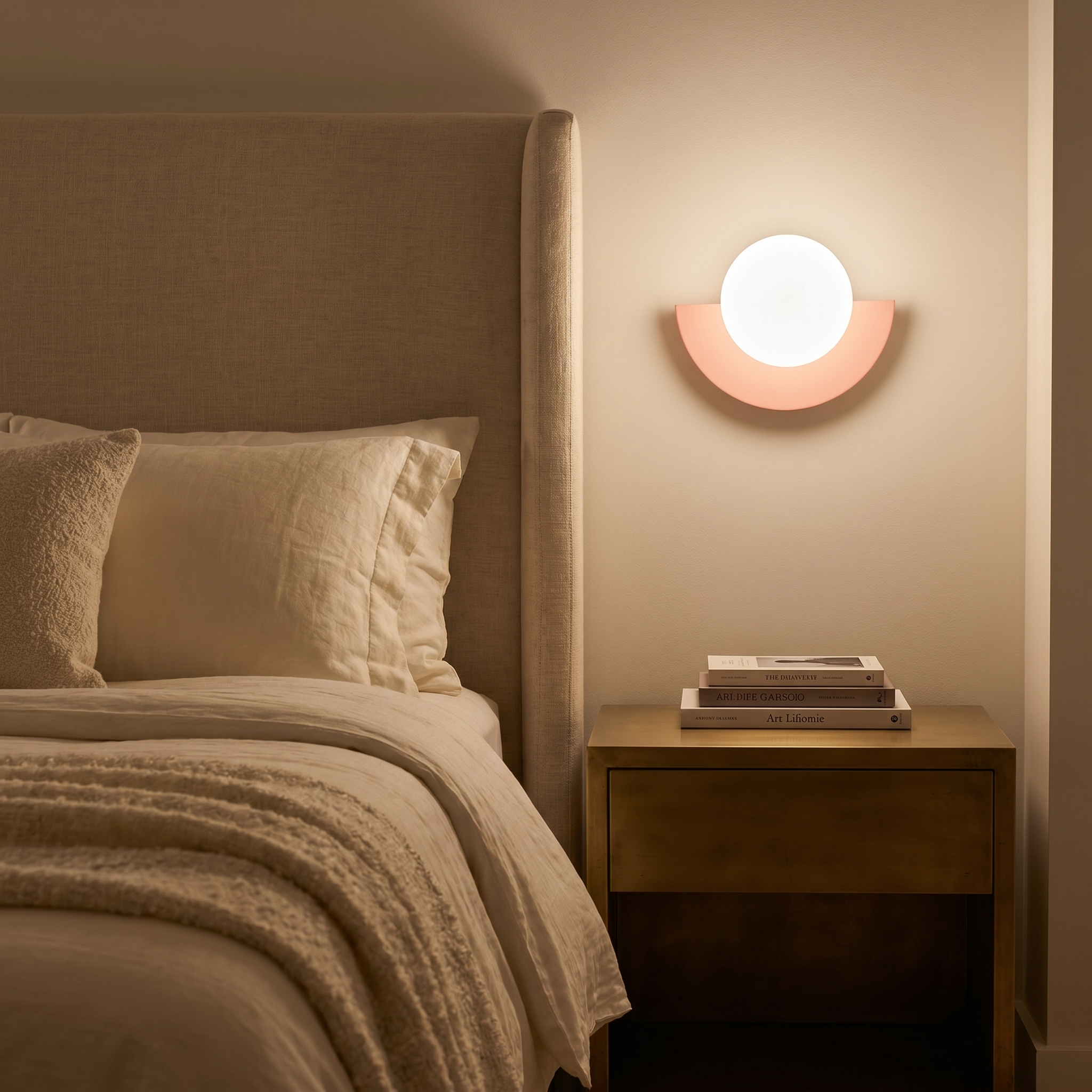 Bolla Lucente pink glass globe wall sconce above a brass nightstand in a boutique bedroom