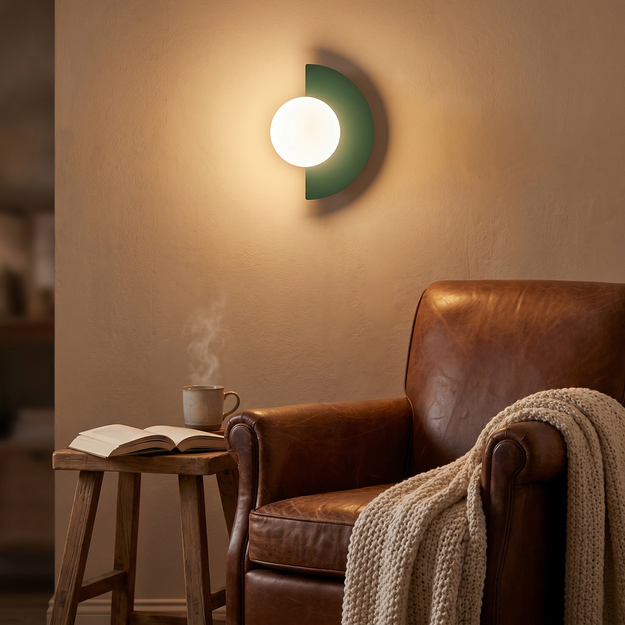 Bolla Lucente dark green glass globe wall sconce above a leather armchair in a reading nook