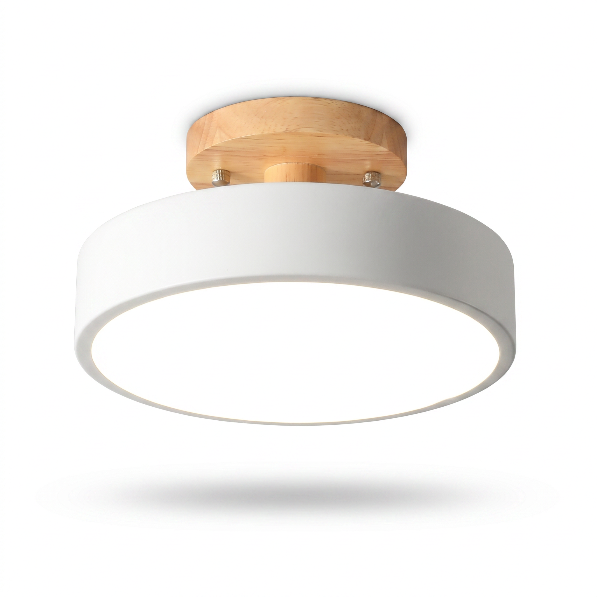 White wood semi-flush mount LED ceiling light on a white background