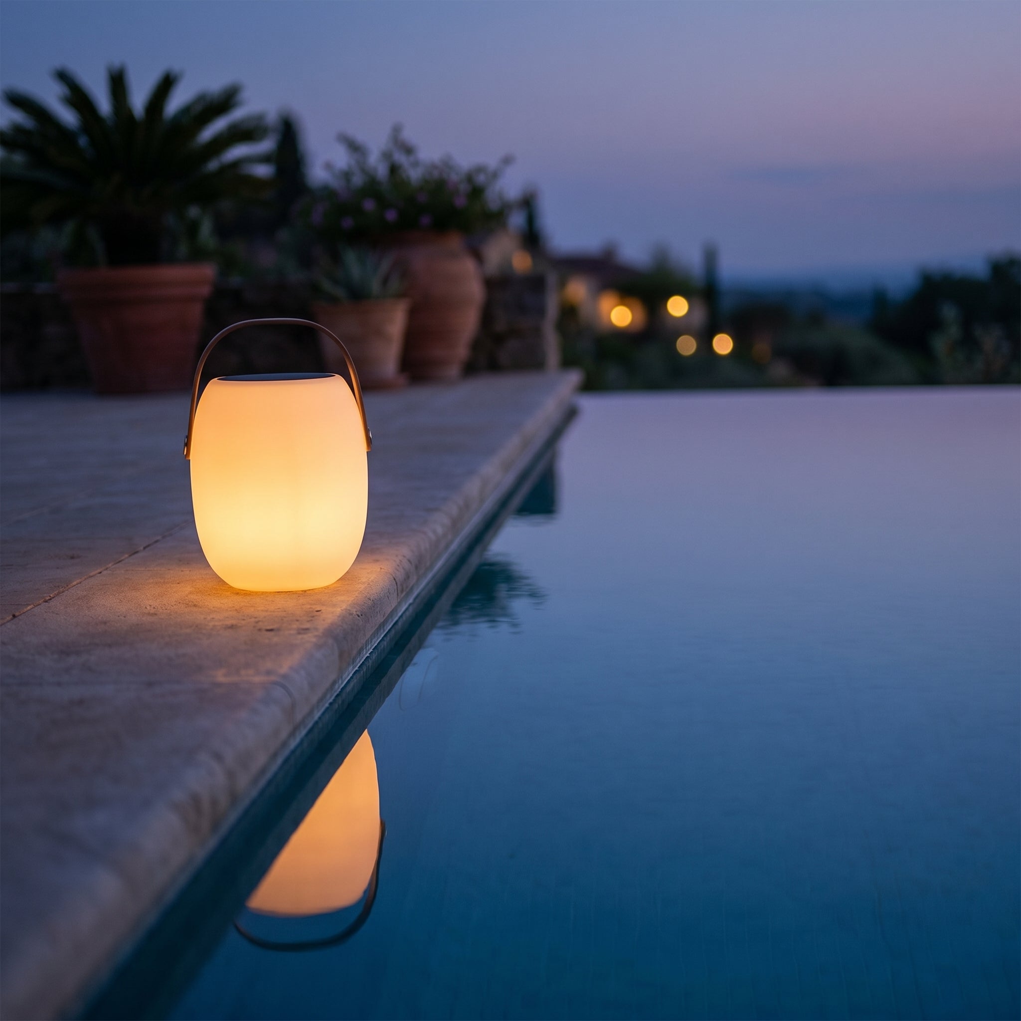 Lucciola Costiera lantern glowing at the edge of an infinity pool at twilight
