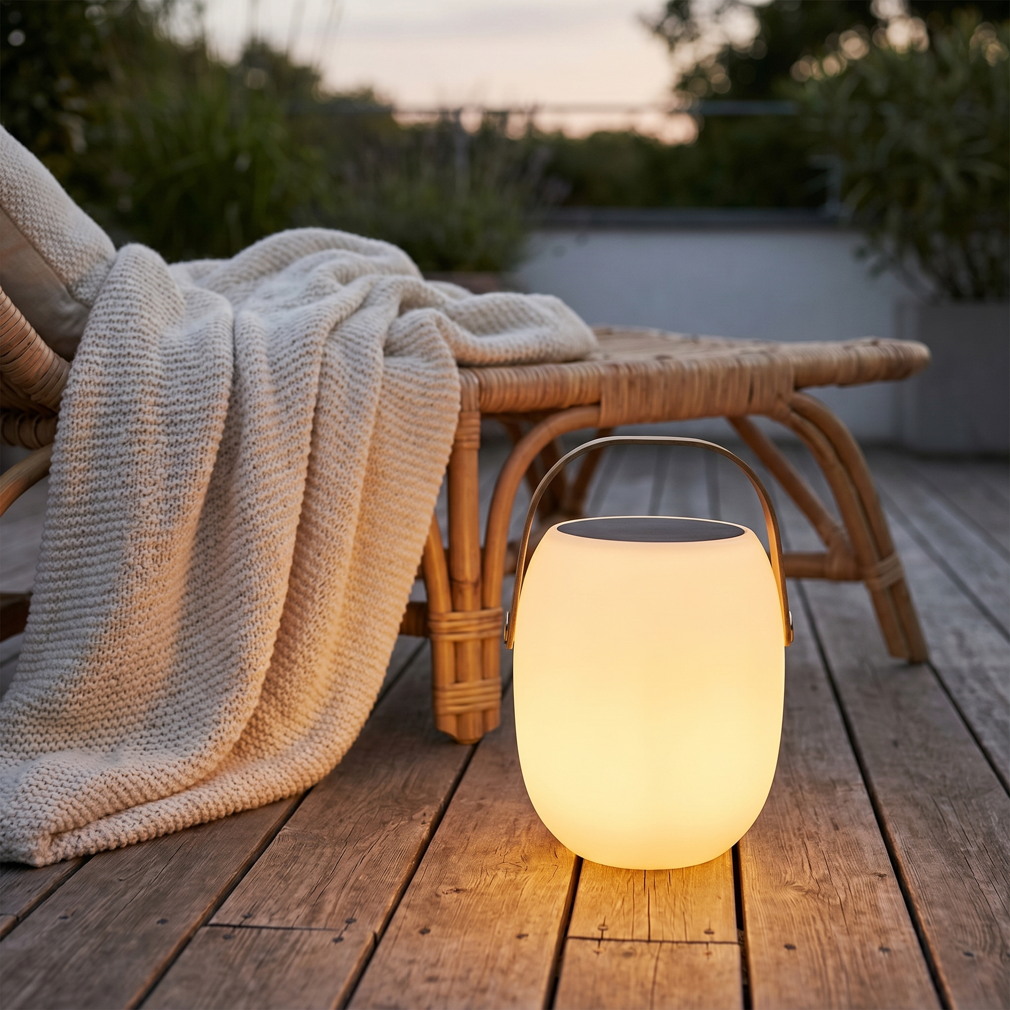 Lucciola Costiera portable lantern on a patio floor beside a rattan lounge chair