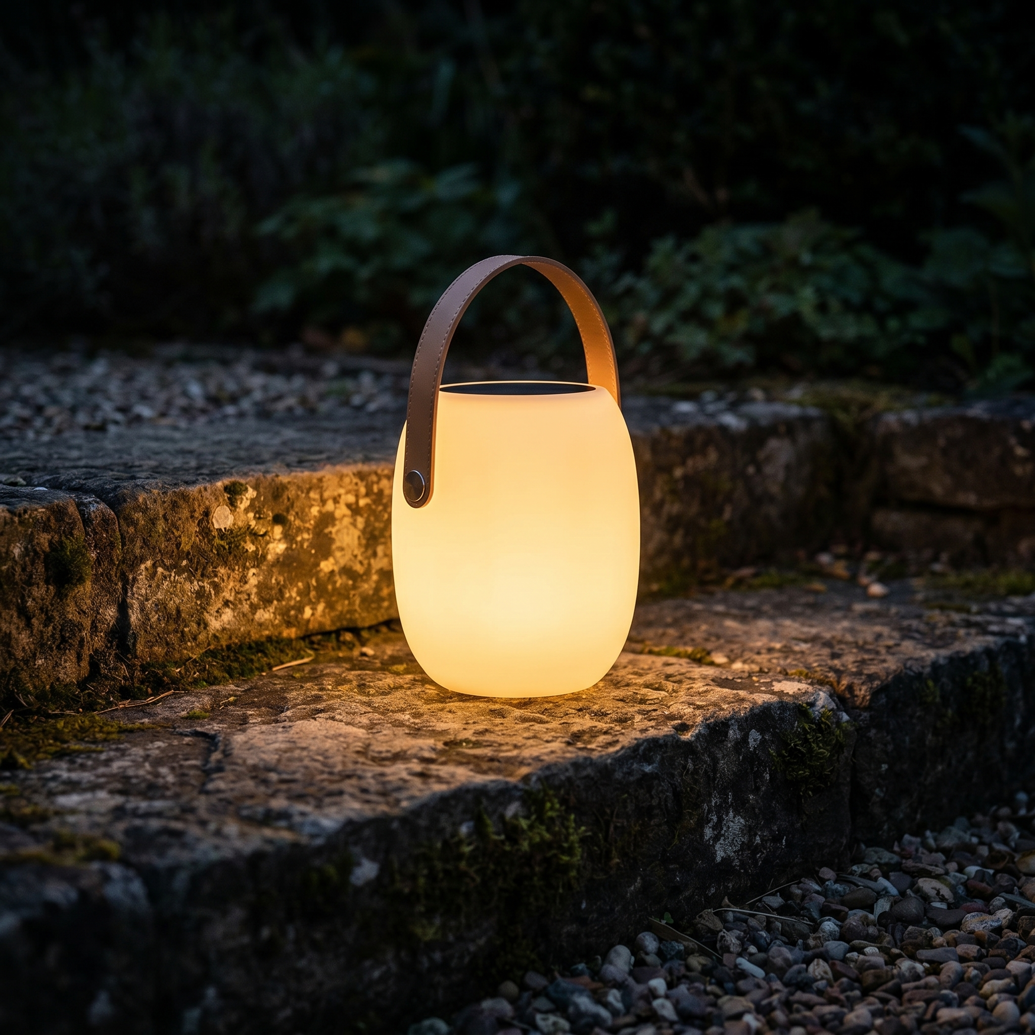 Lucciola Costiera lantern resting on stone garden steps at night