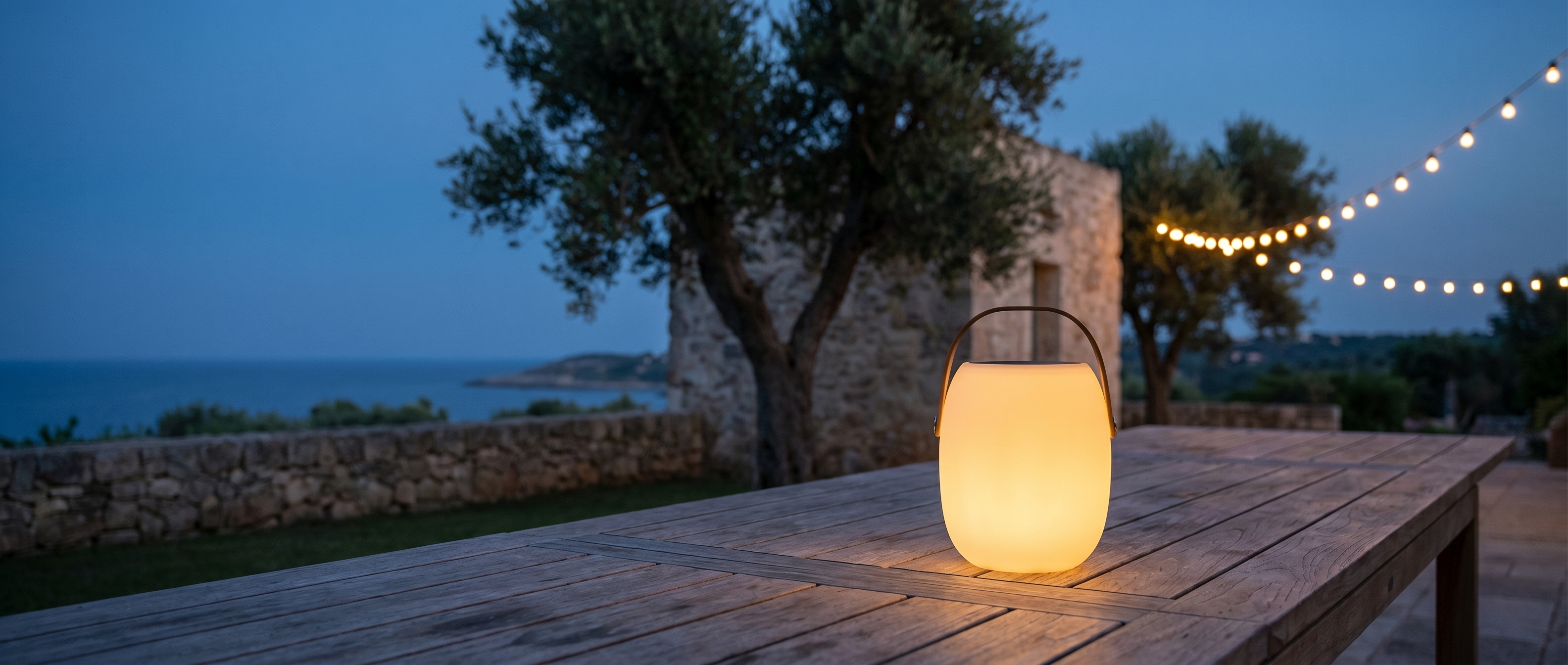 Lucciola Costiera portable outdoor LED lantern — Italian terrace banner