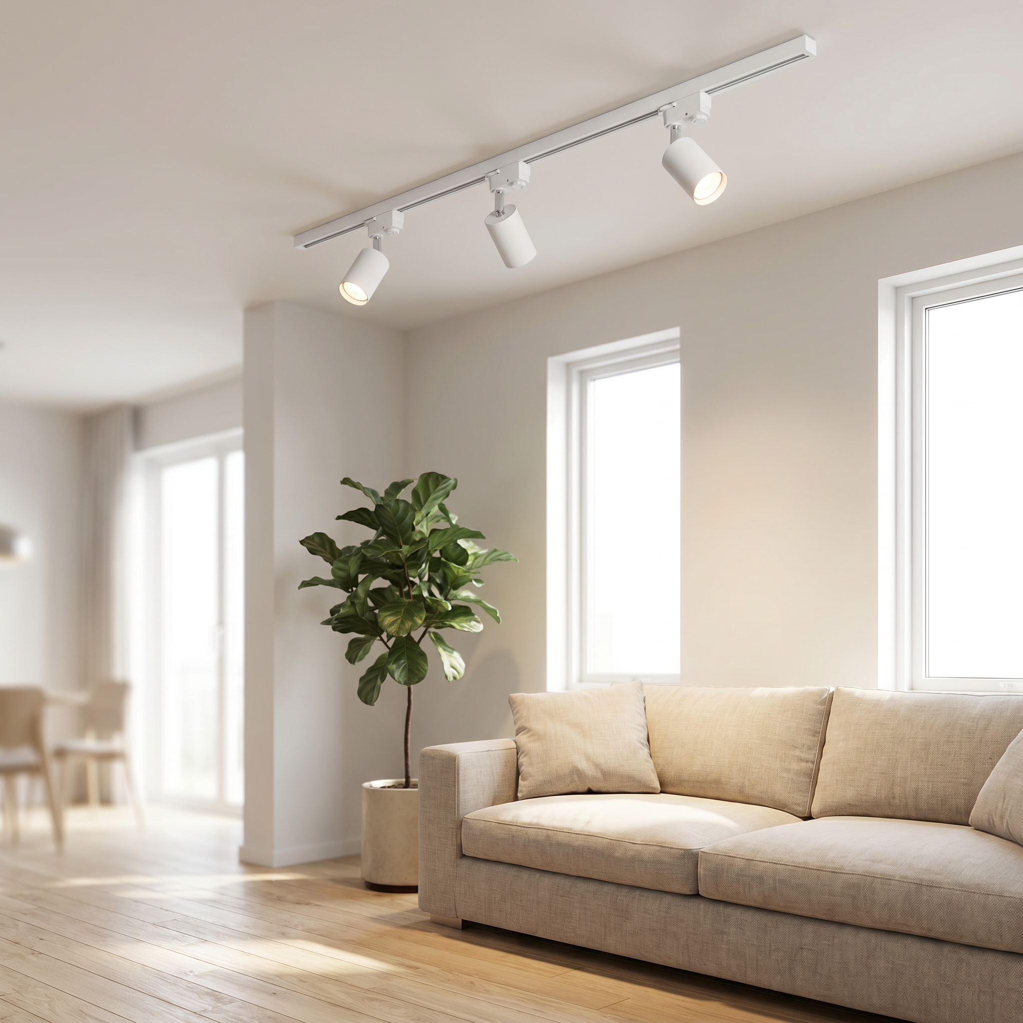 White Linea Lucente track lighting in a bright minimalist living room
