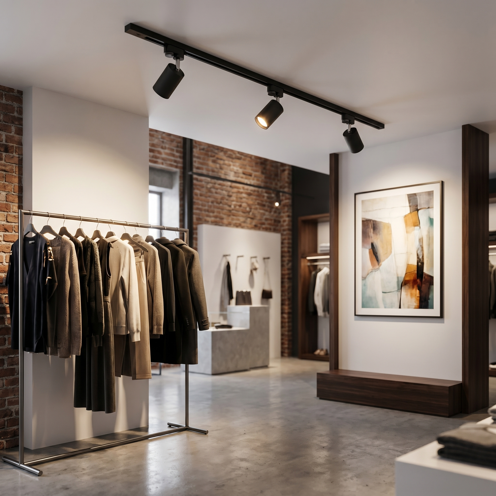 Black Linea Lucente track lighting highlighting a retail boutique display