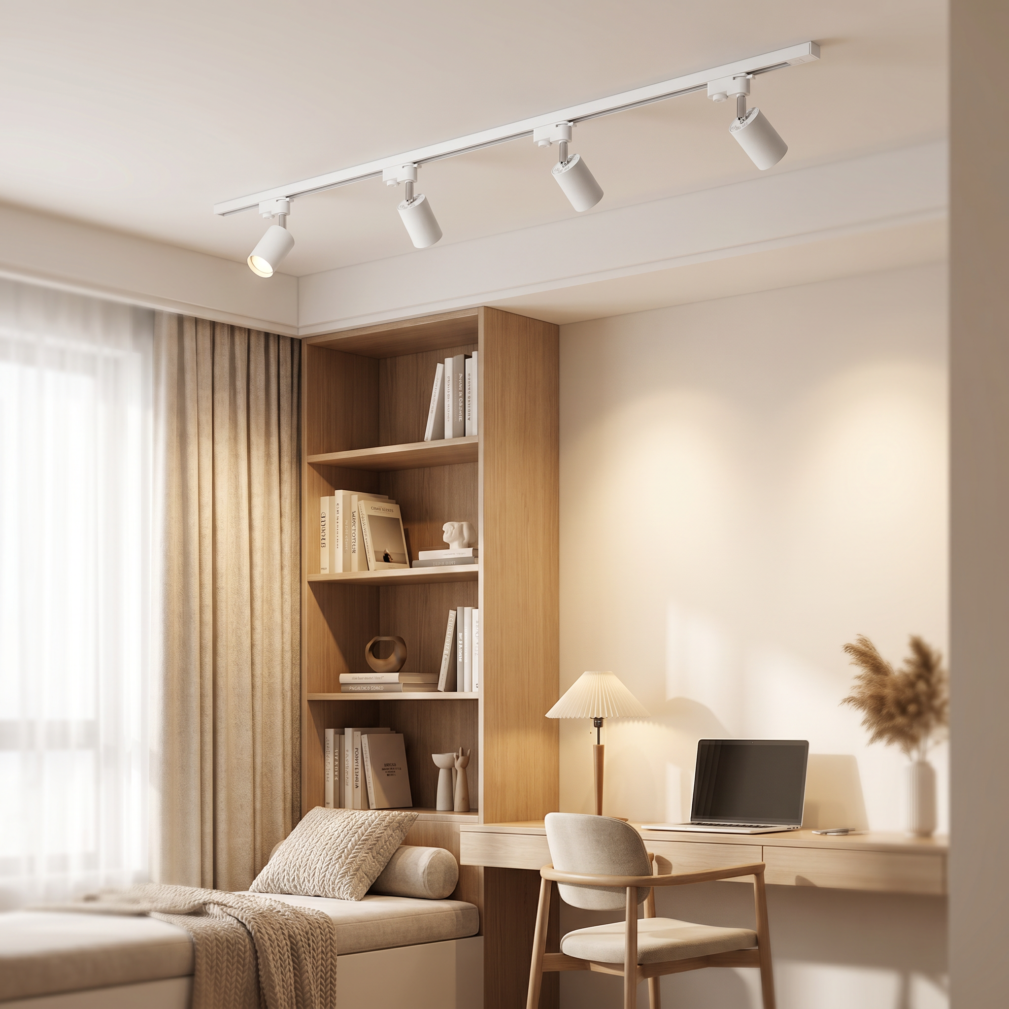 White Linea Lucente track lighting in a modern home office reading nook