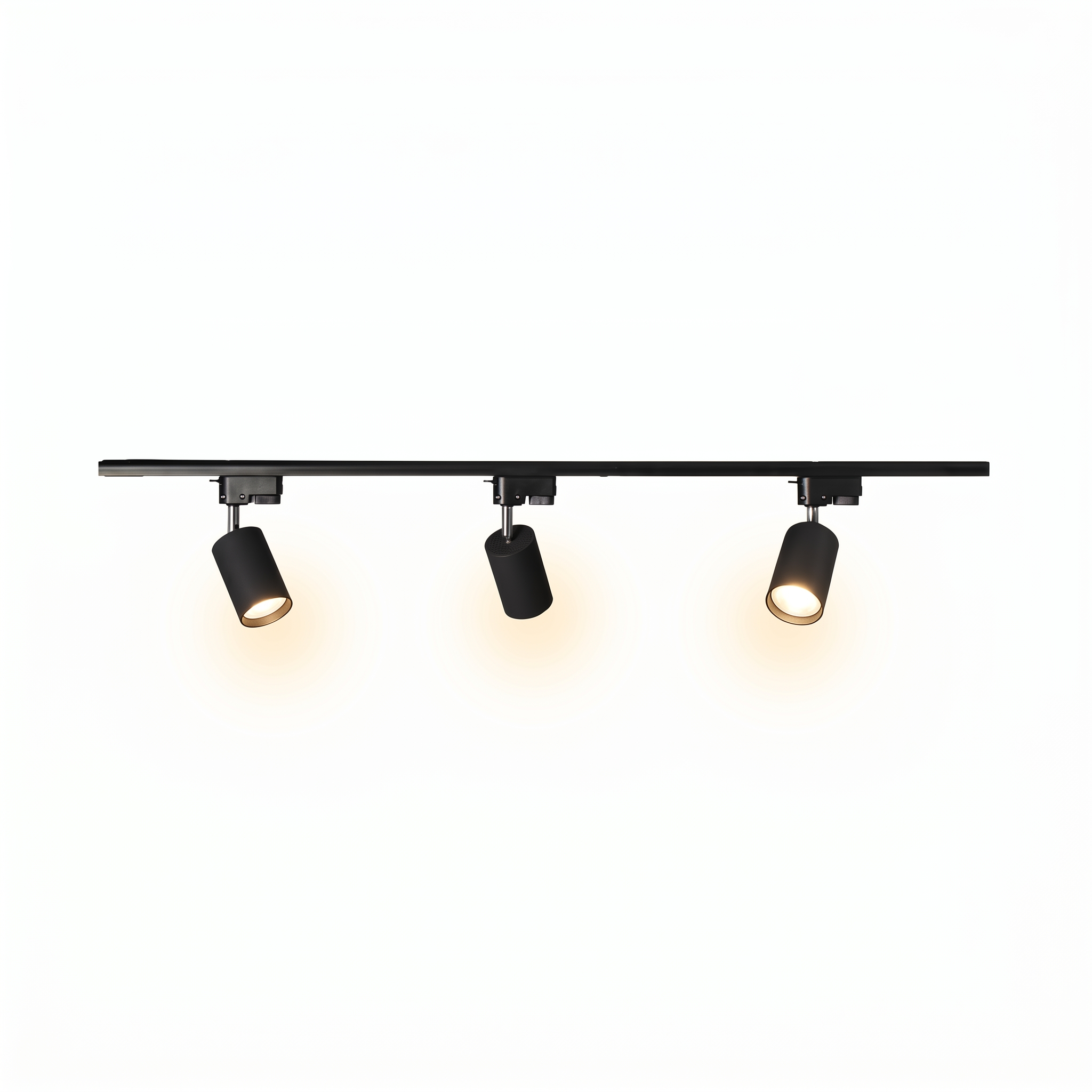 Linea Lucente black track lighting fixture, three lit spotlights, clean studio product shot