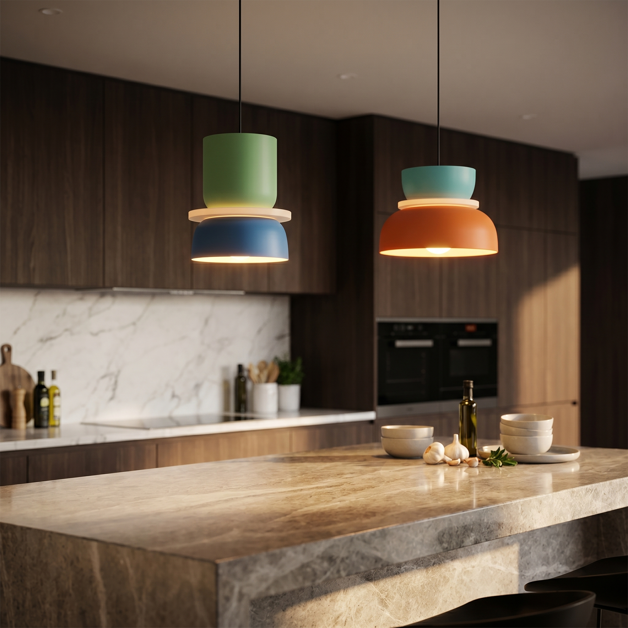 Colorful Macaron pendant lights above a modern kitchen island
