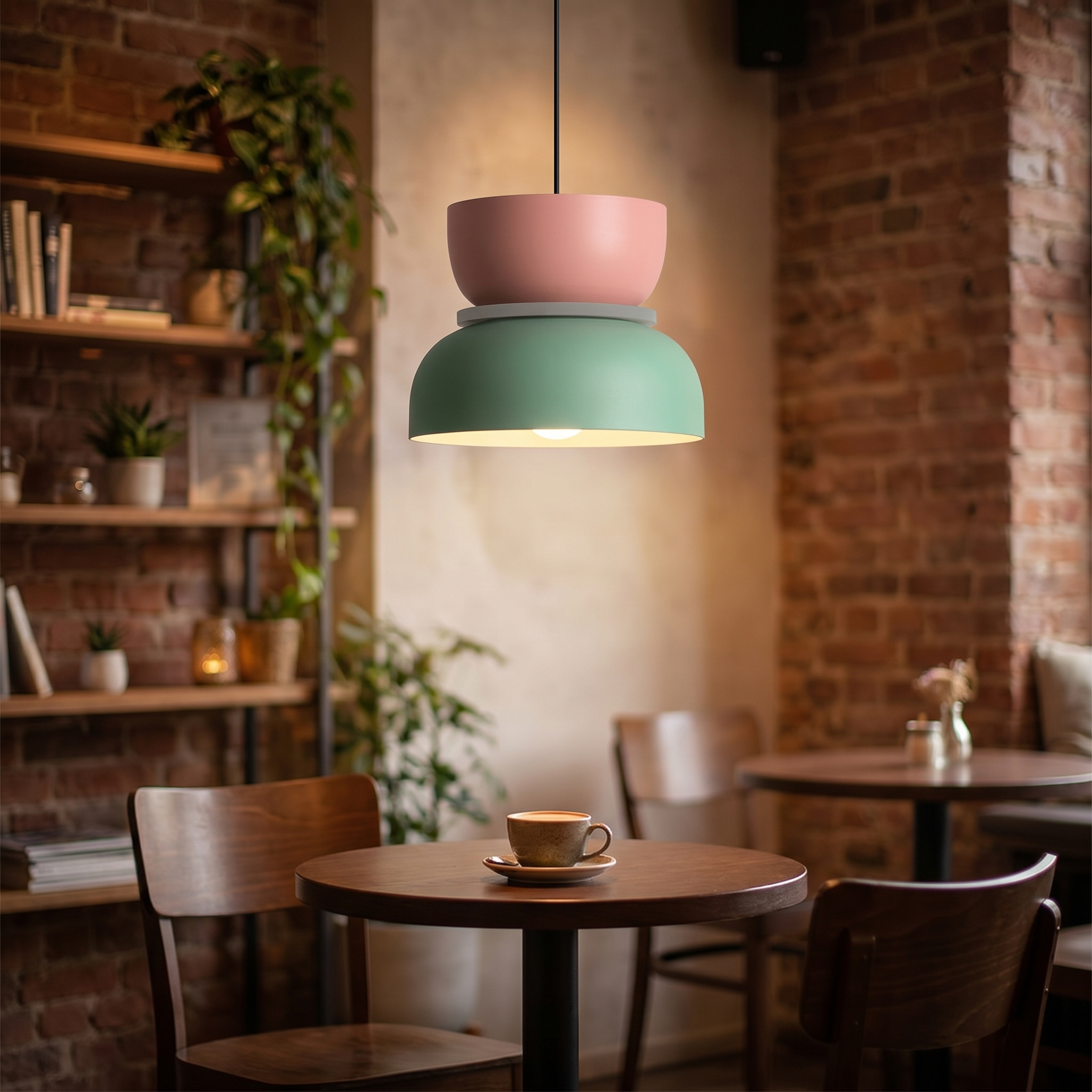 Pink and green Macaron pendant light in a cozy cafe