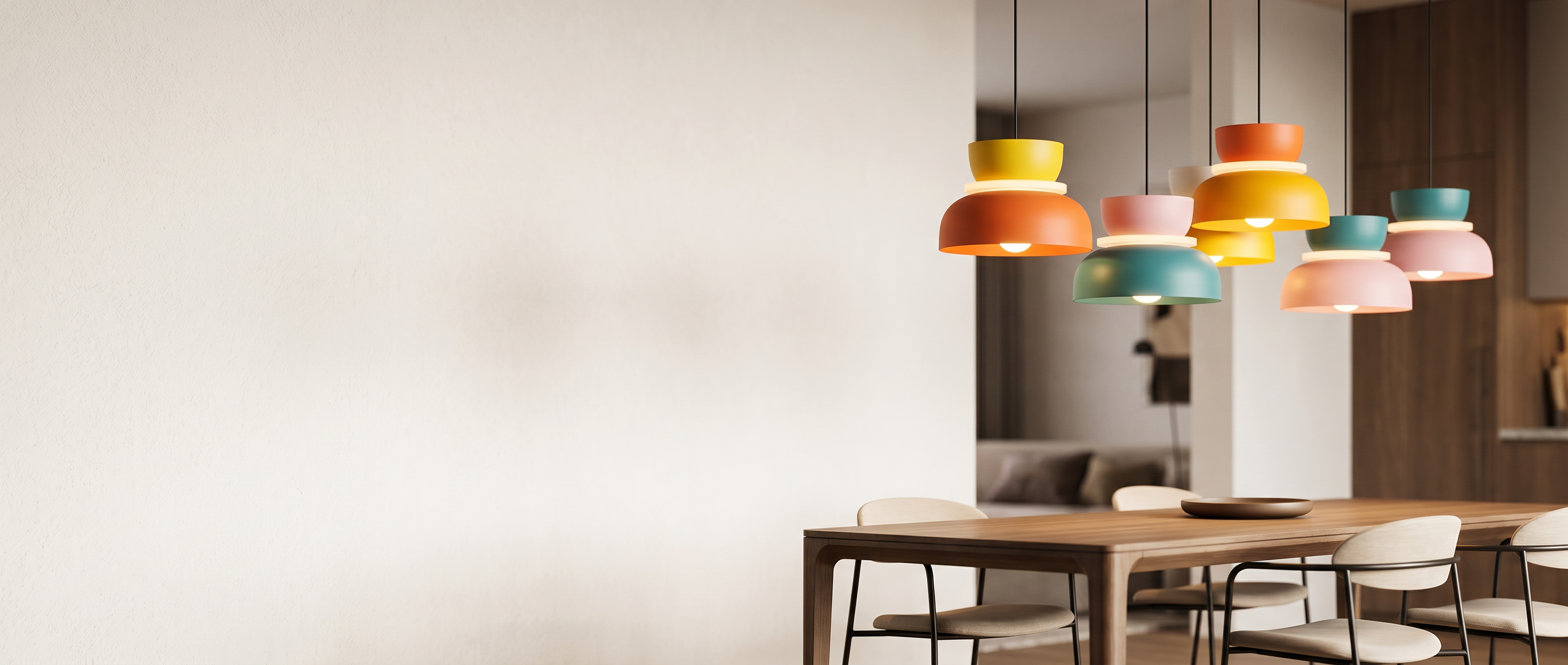 Colorful Macaron pendant lights over a modern dining table — Zanoro Casa