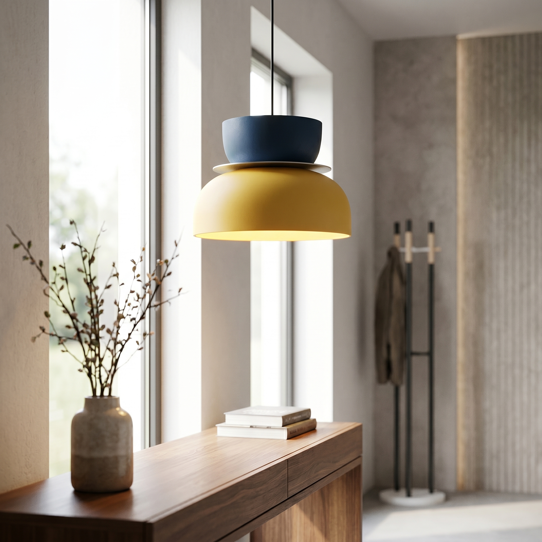 Yellow and blue Macaron pendant light in a bright entryway