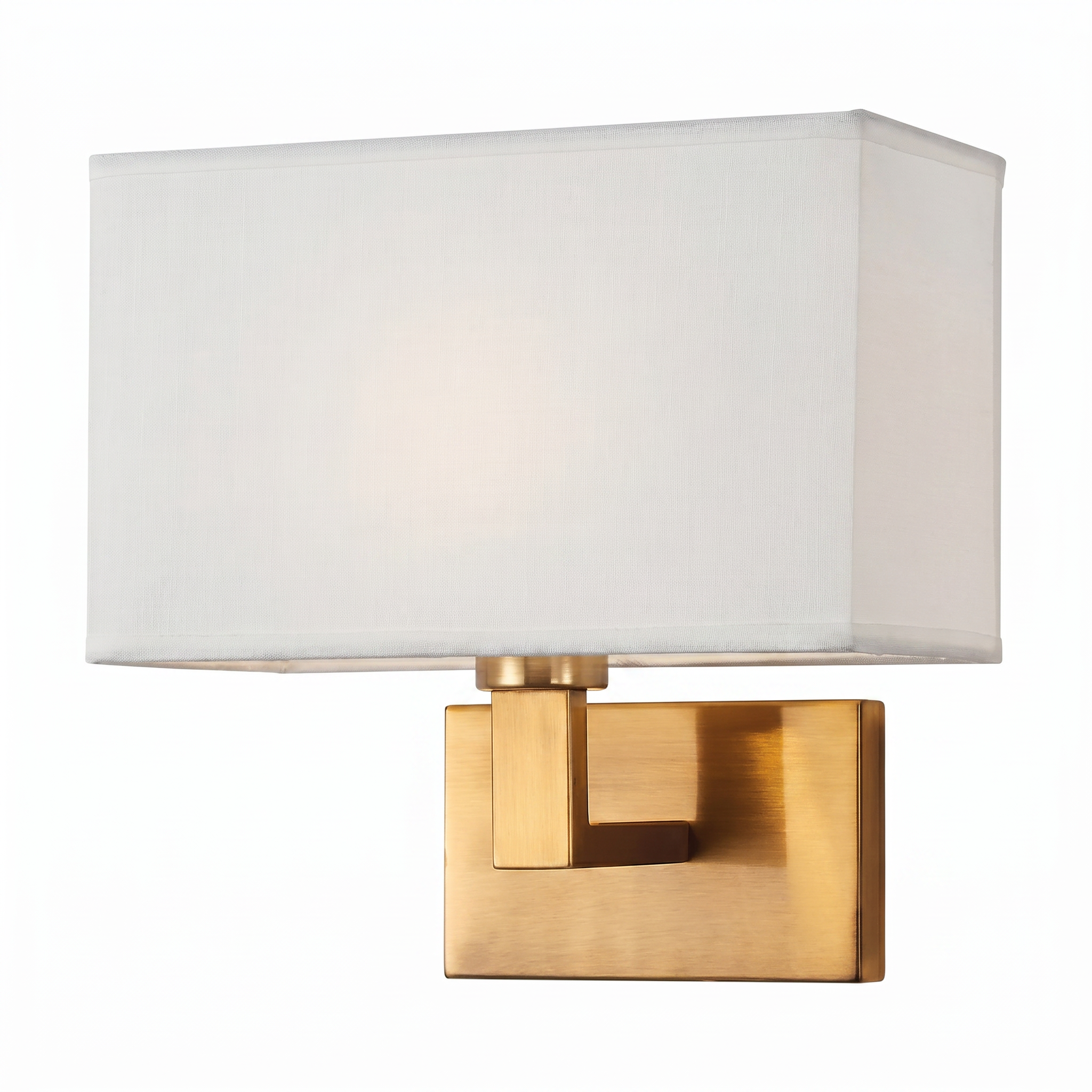 Cuboid fabric wall sconce, gold arm with white shade, clean studio product shot
