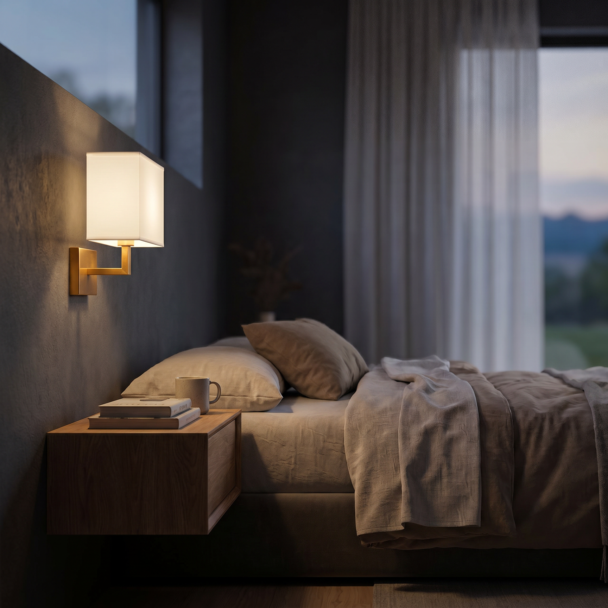 Gold and white cuboid wall sconce above a bedside table
