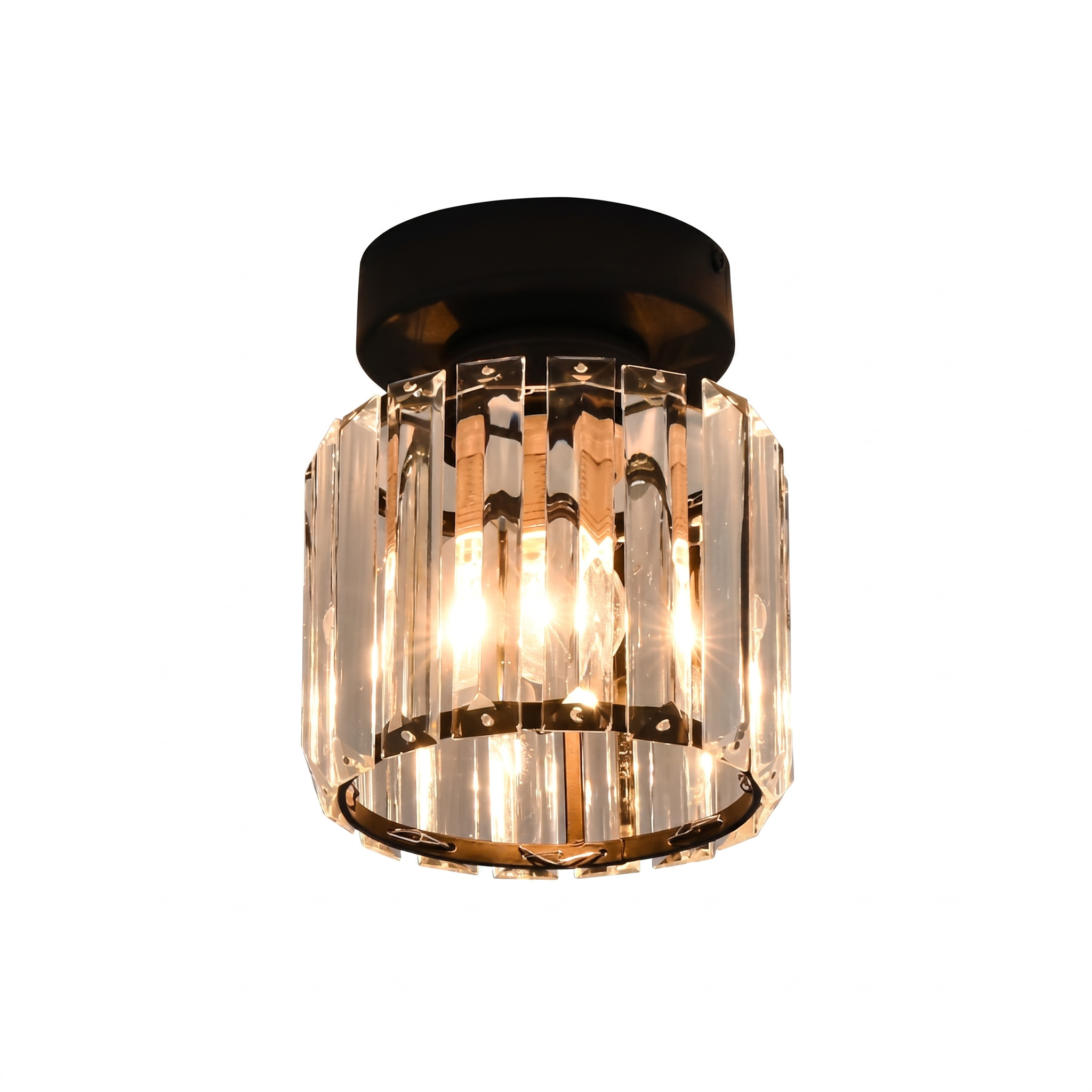 Cristallo Lucente crystal flush mount ceiling light in black, round, lit — clean white background product shot