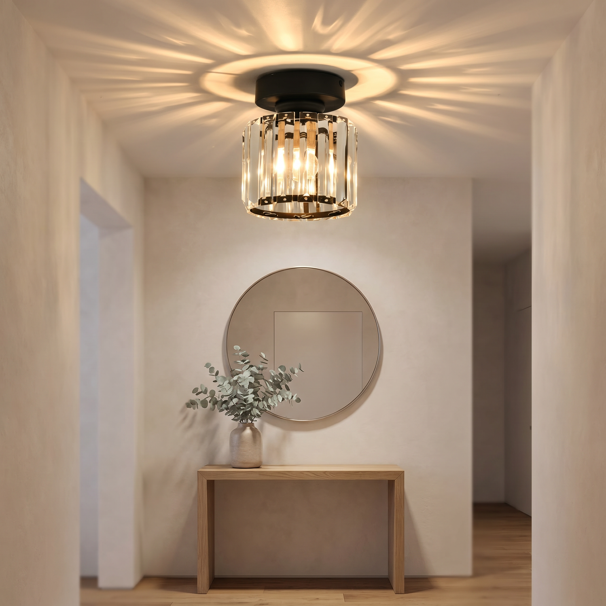 Round Cristallo Lucente crystal flush mount lit in a warm Italian-inspired entryway, sparkle scatter on ceiling