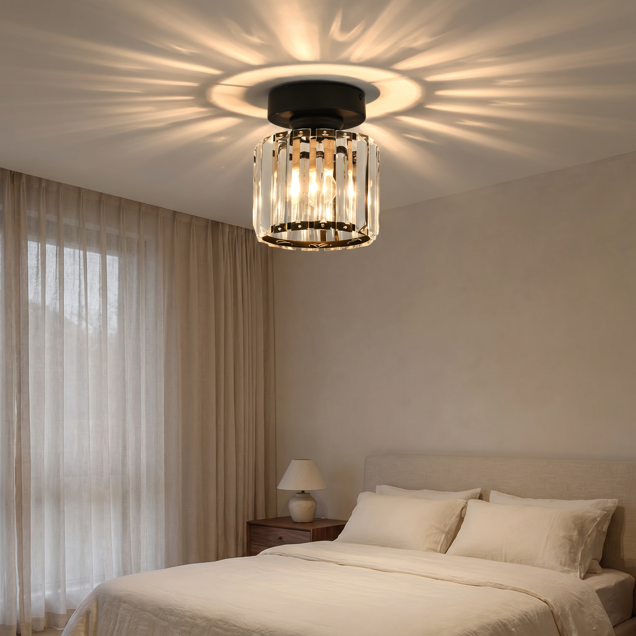 Round Cristallo Lucente crystal flush mount lit above a bed in a calm Italian-inspired bedroom
