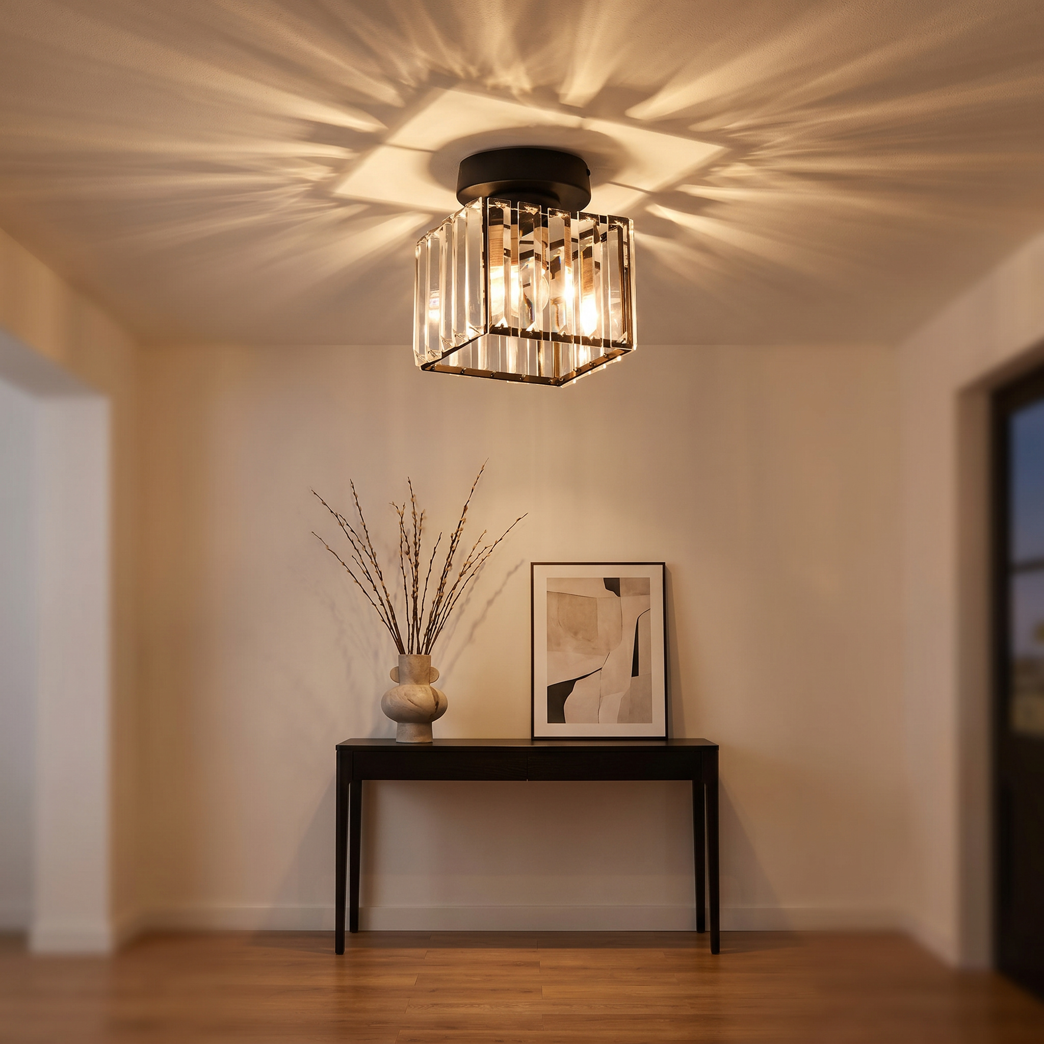 Square-plate Cristallo Lucente crystal flush mount lit in an elegant Italian-inspired foyer