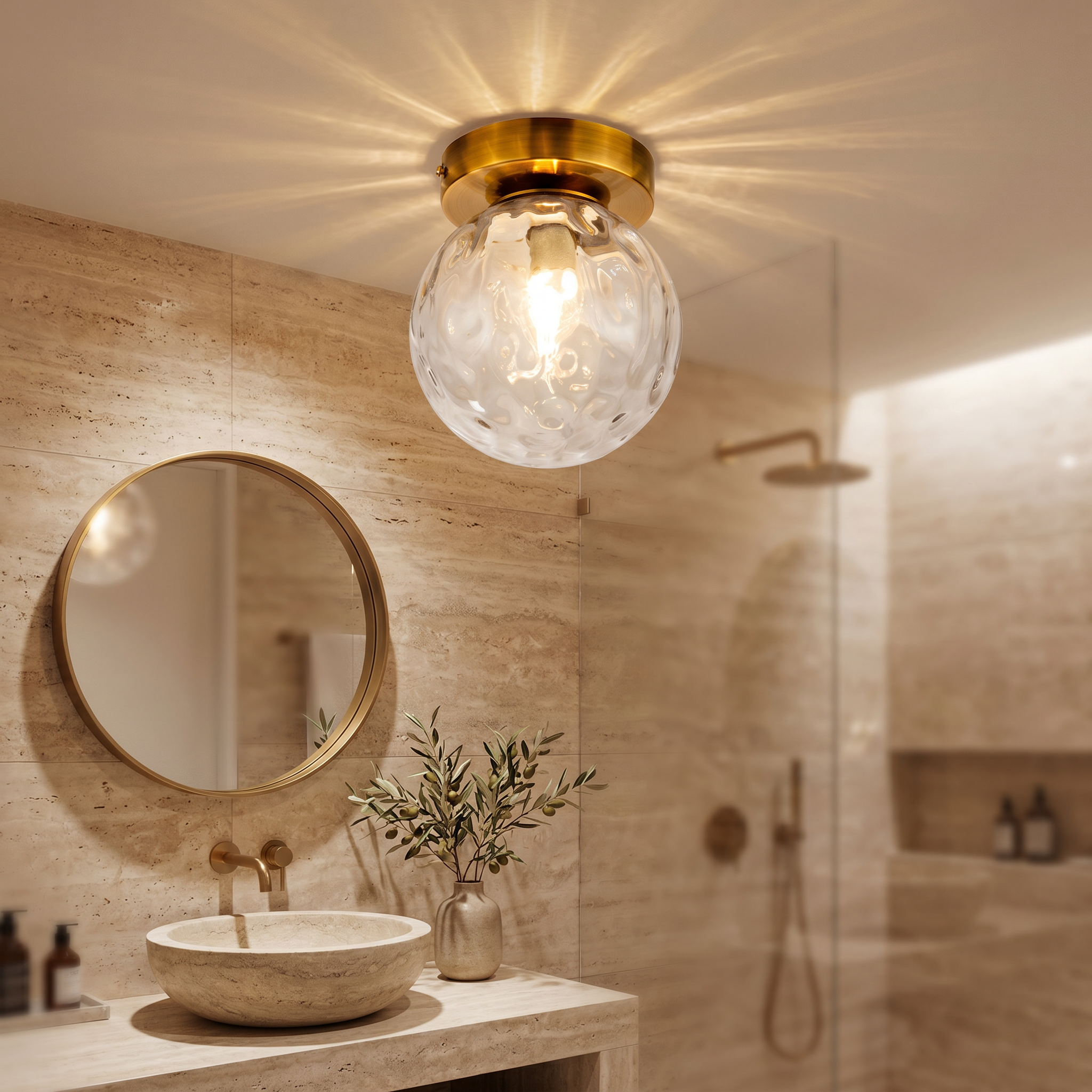 Rugiada Dorata flush mount lit in a refined travertine powder room