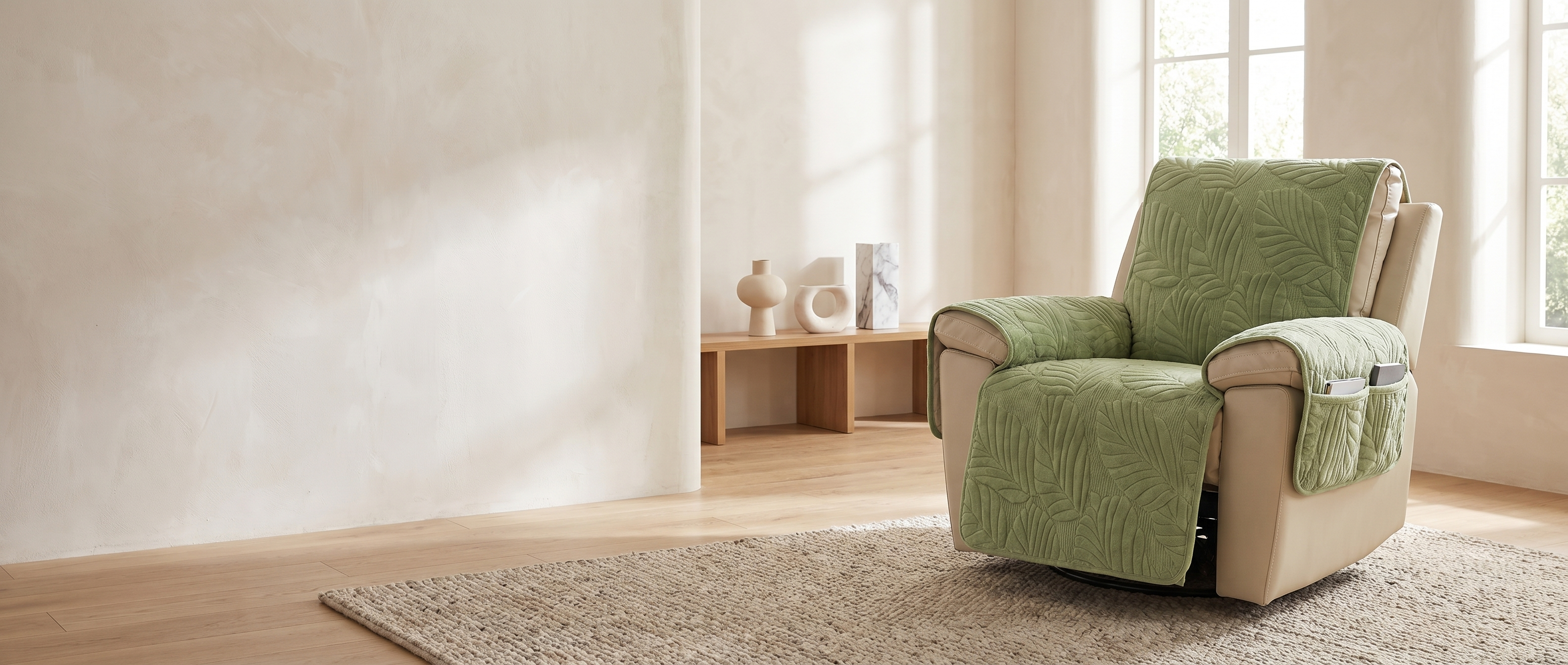 Foglia Morbida green quilted leaf recliner cover in a sunlit modern living room — widescreen banner