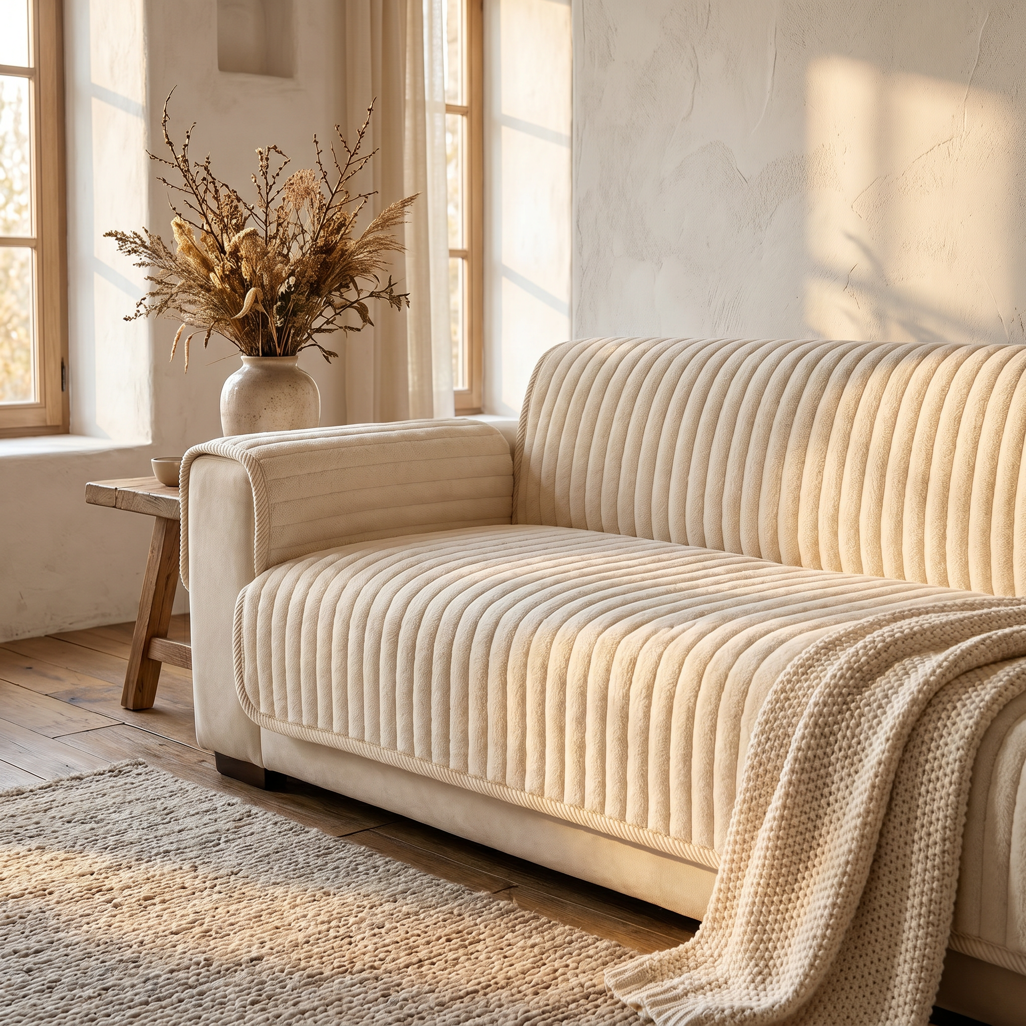 Nuvola Cream Cloud plush quilted sofa cover in a warm, cozy Italian-inspired living room