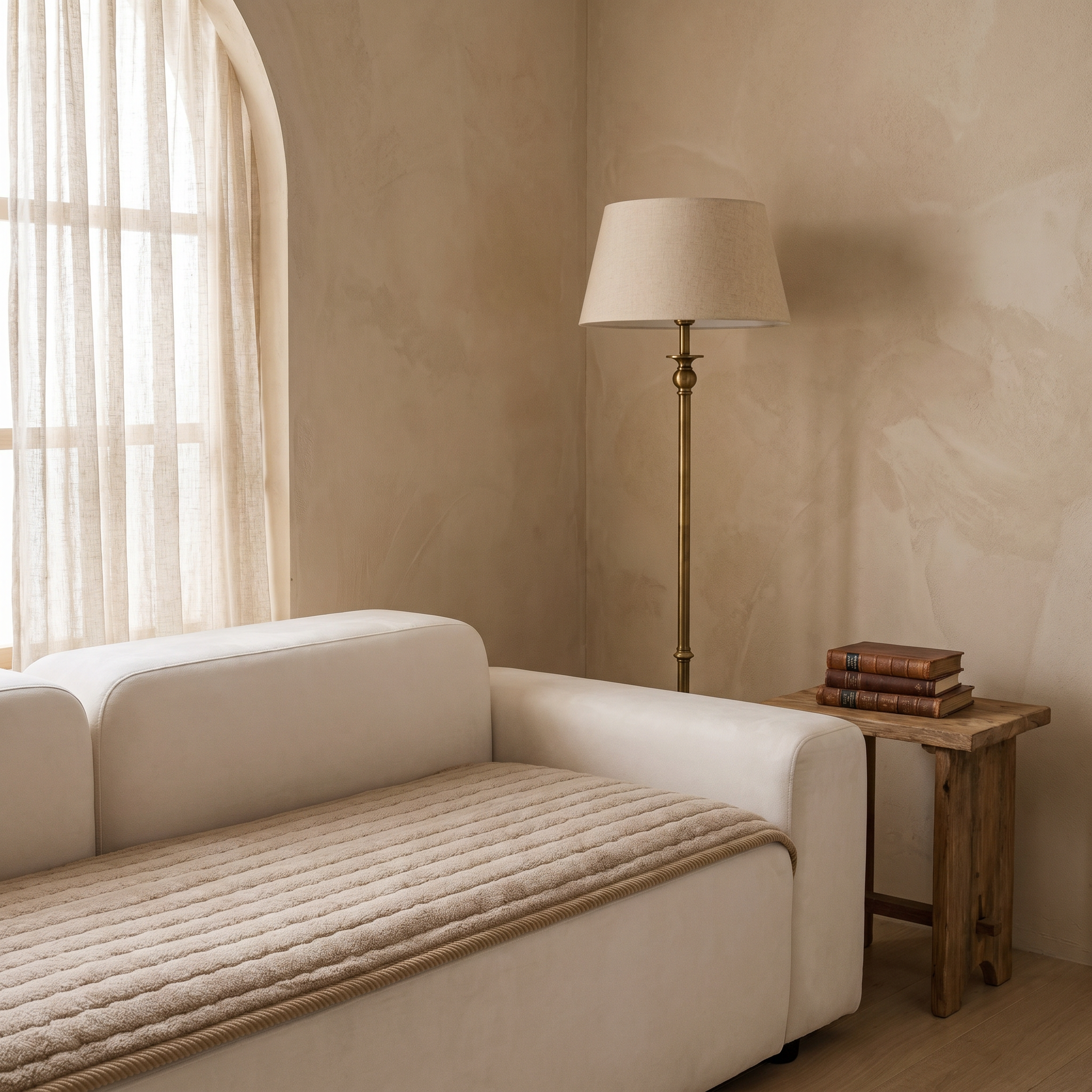 Nuvola Taupe Sand plush quilted sofa cover in a serene Italian-inspired reading nook