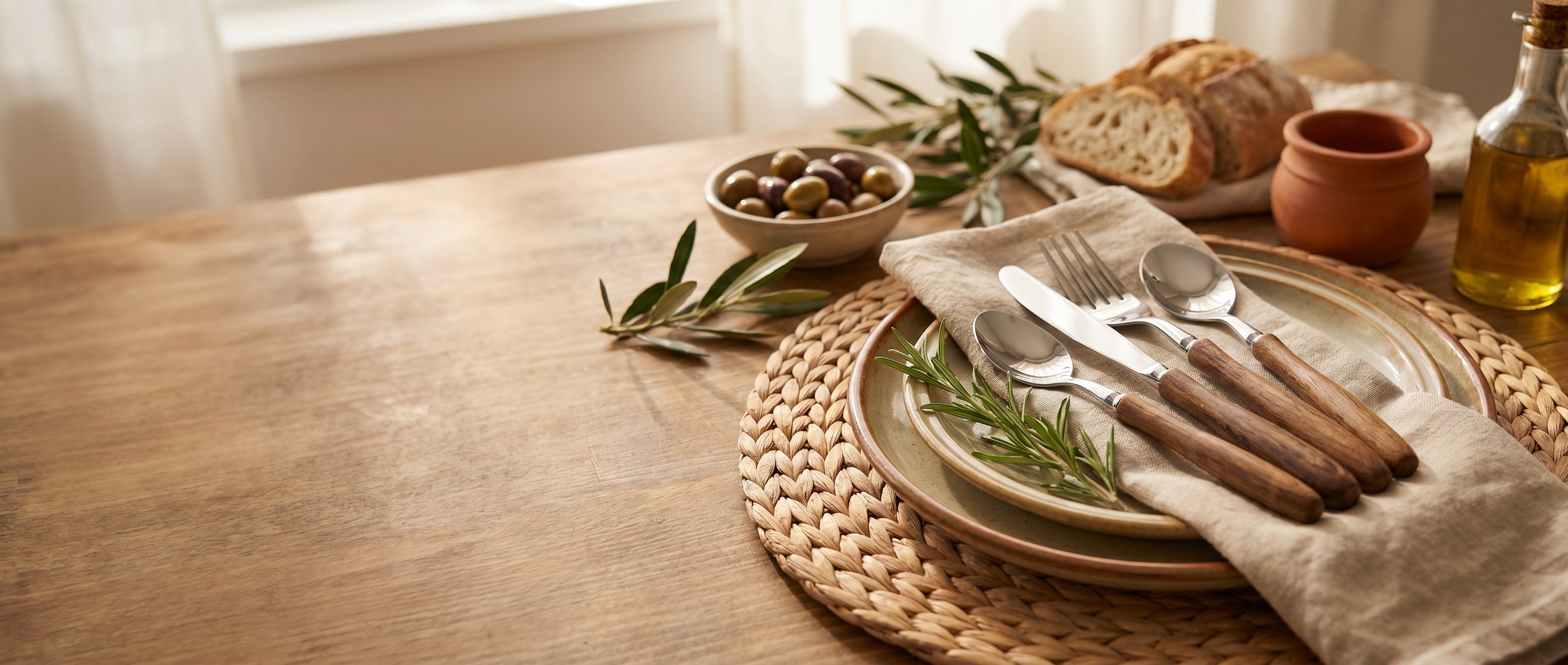 Bosco Rustico wood-handle flatware on a rustic Italian table with olives and bread — widescreen banner