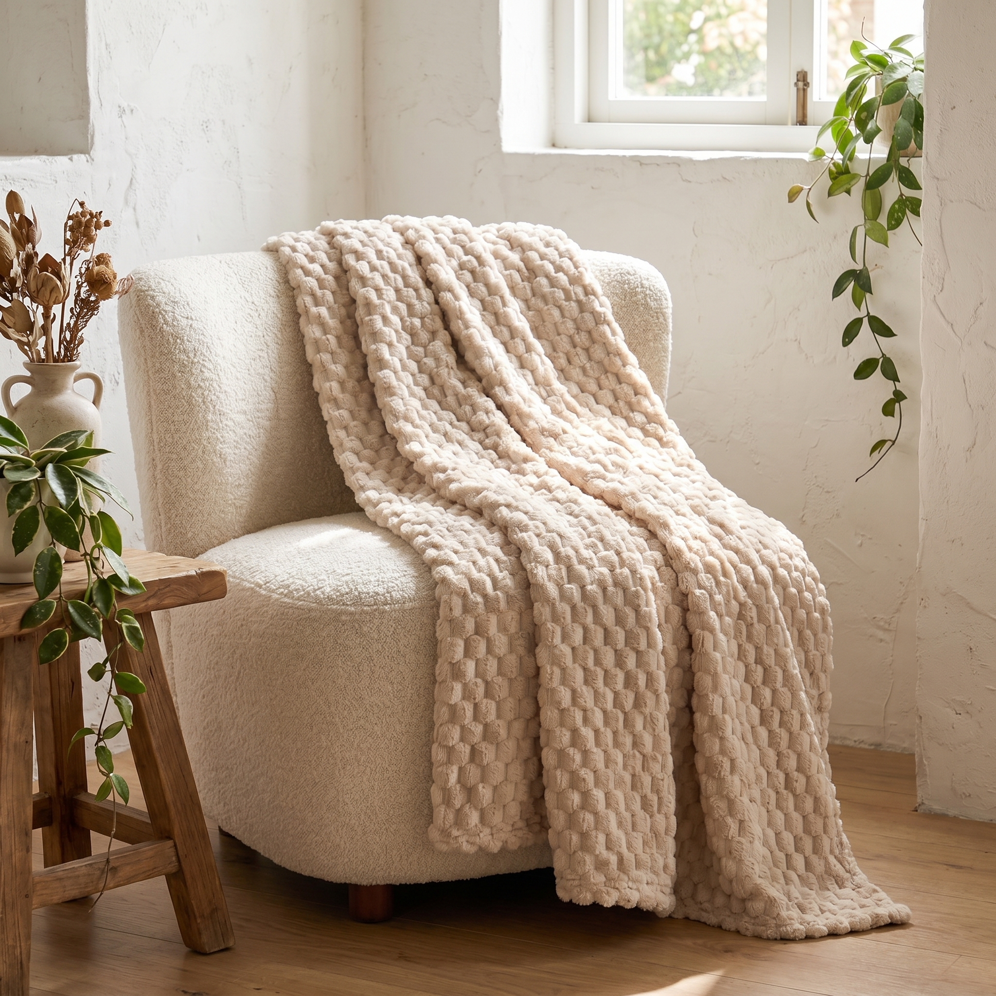 Bolla Soffice beige textured throw draped over a boucle accent chair in a sunlit corner