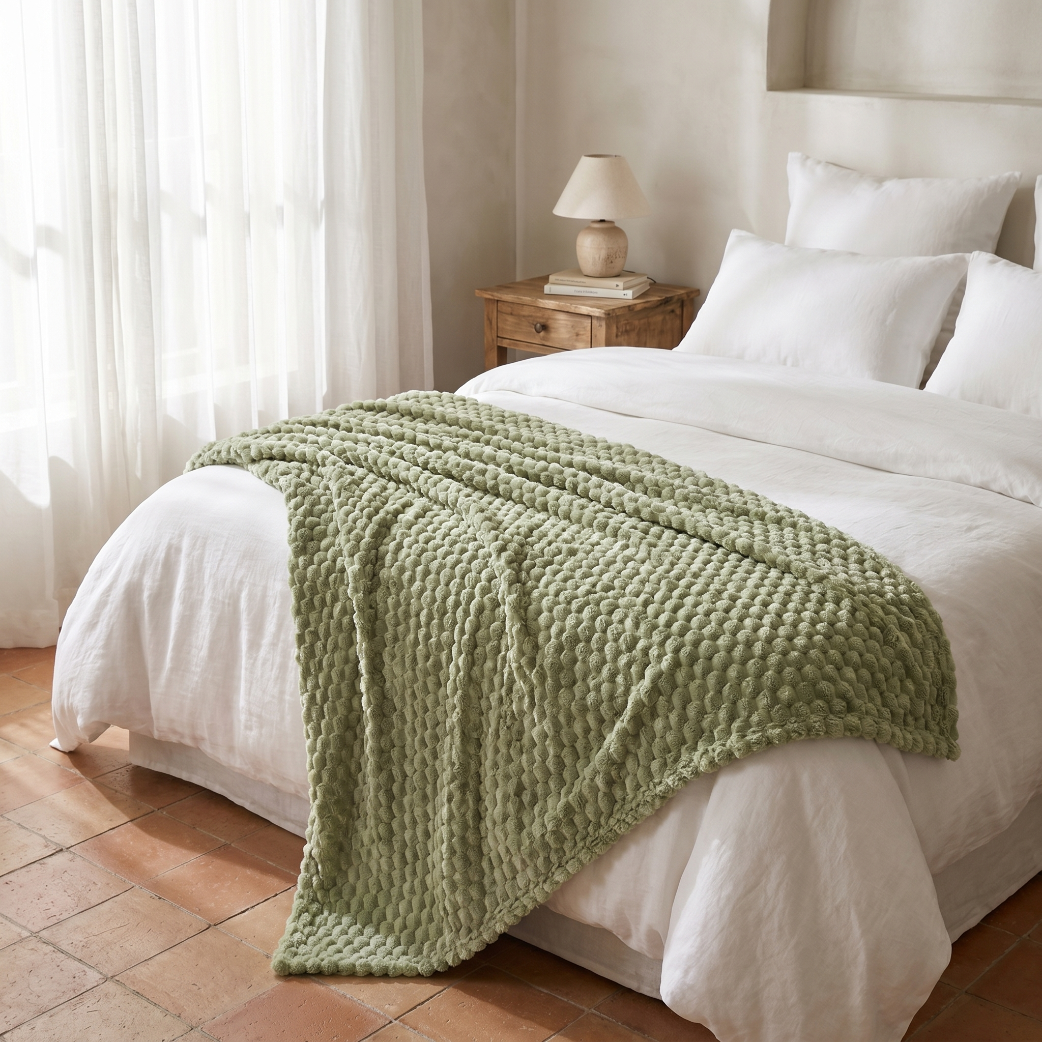Bolla Soffice sage green textured throw across the foot of a linen-dressed bed