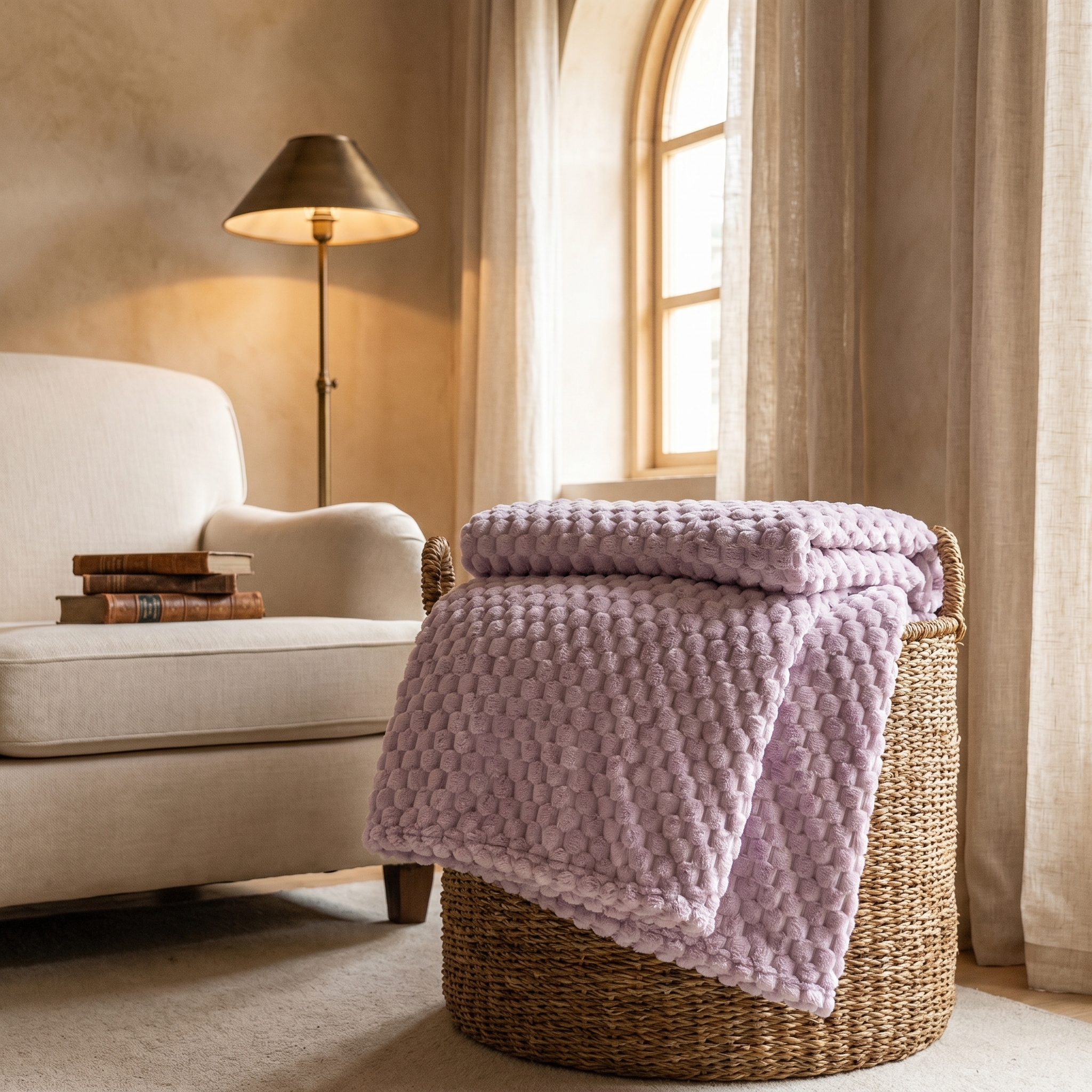 Bolla Soffice lilac textured throw folded over a basket beside a reading nook