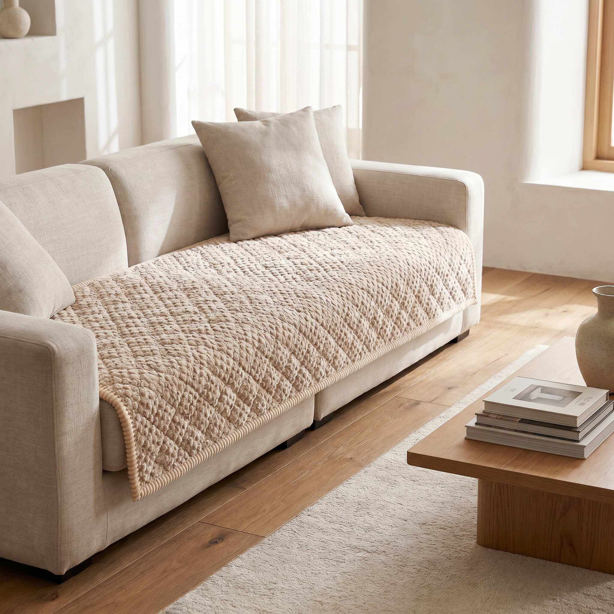 Beige quilted sofa protector draped over a linen sofa in a warm sunlit living room