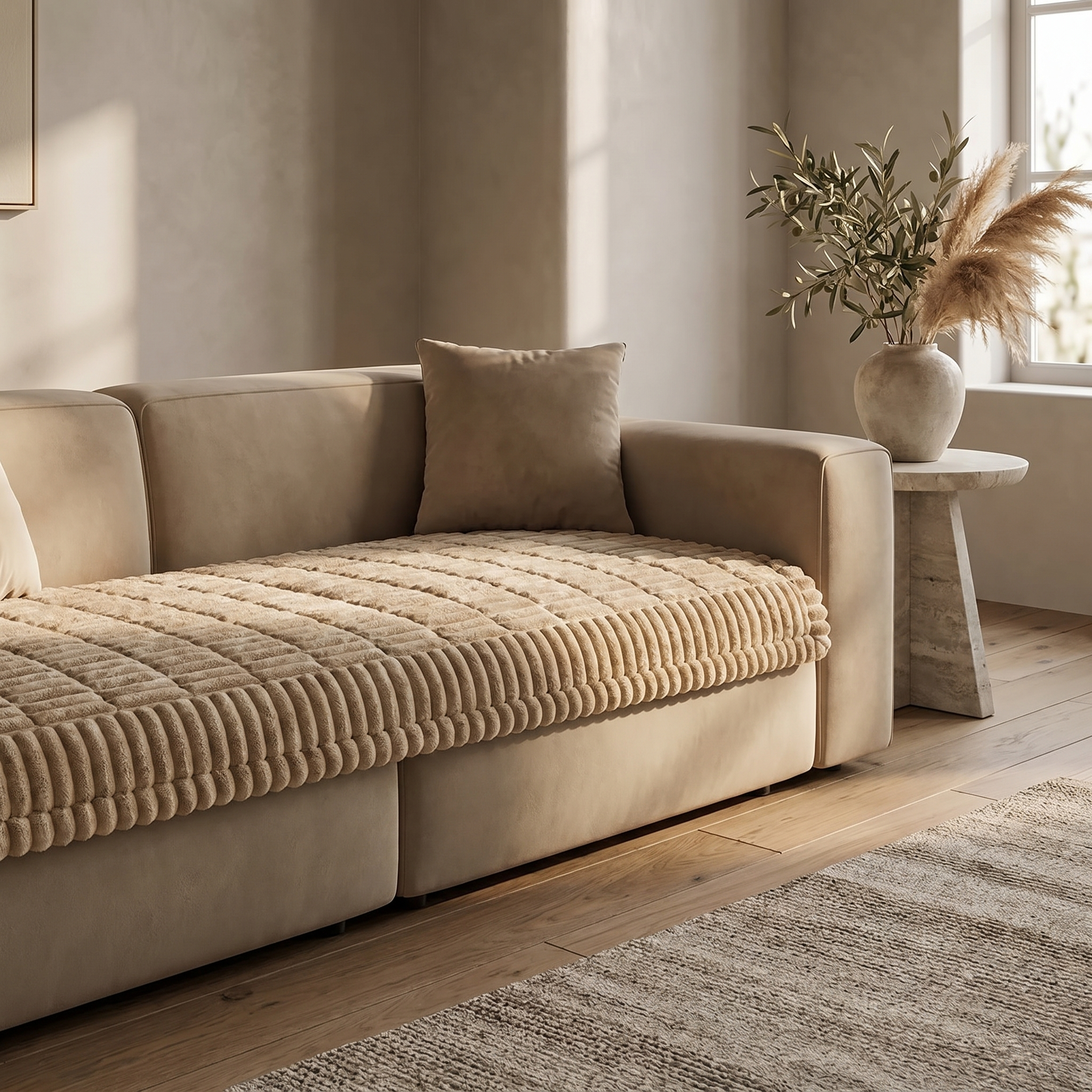 Sand flannel pleated-edge sofa cover on a beige sofa in a serene contemporary living room