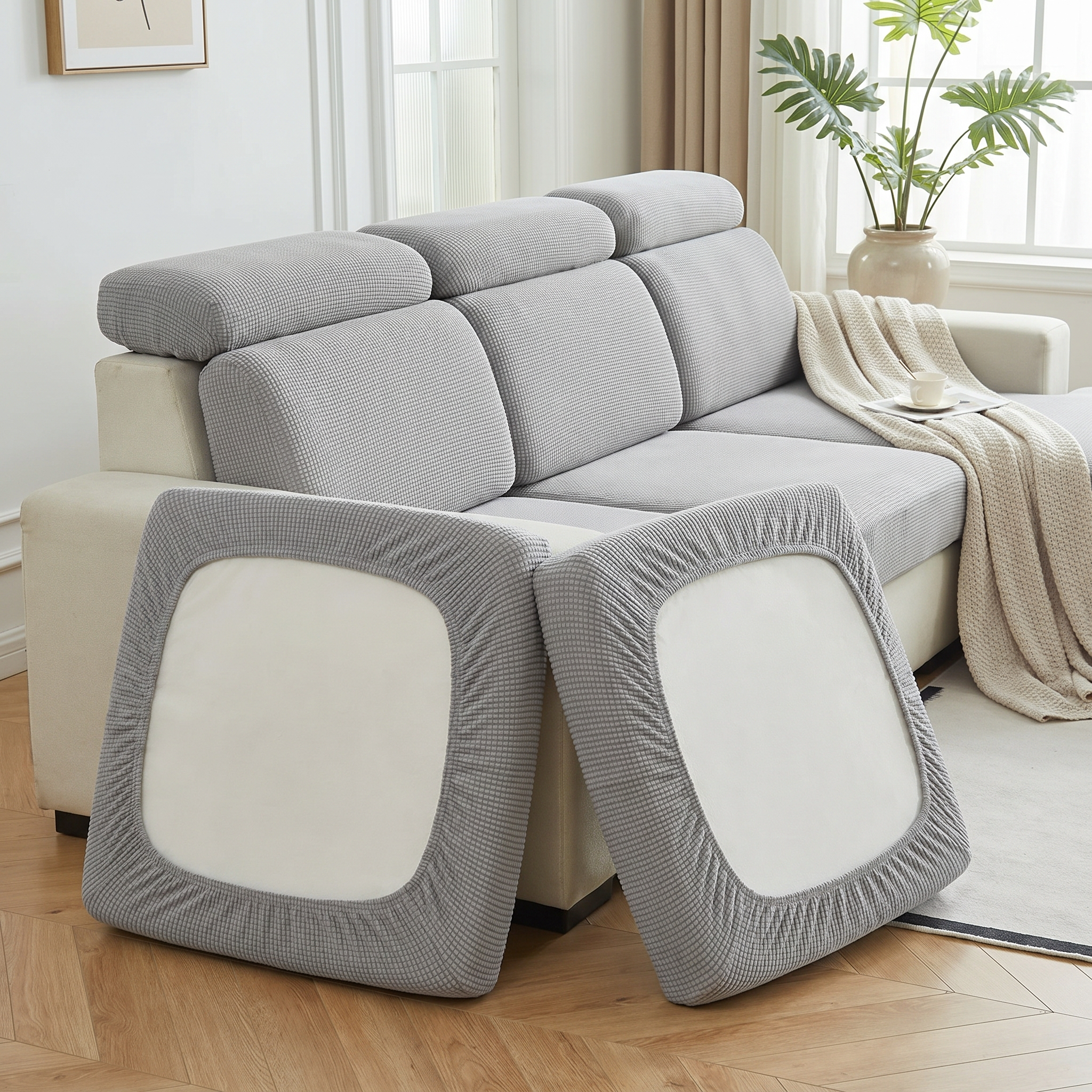 Light grey Abbraccio stretch cushion covers on a sofa in a bright living room, covers flipped to show the elasticated stretch back