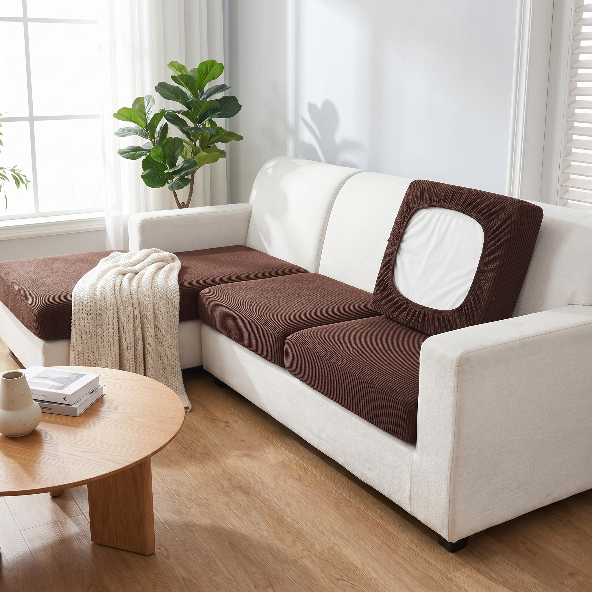 Brown Abbraccio stretch cushion covers on a sofa in a bright living room, one cover flipped to show the elasticated stretch back